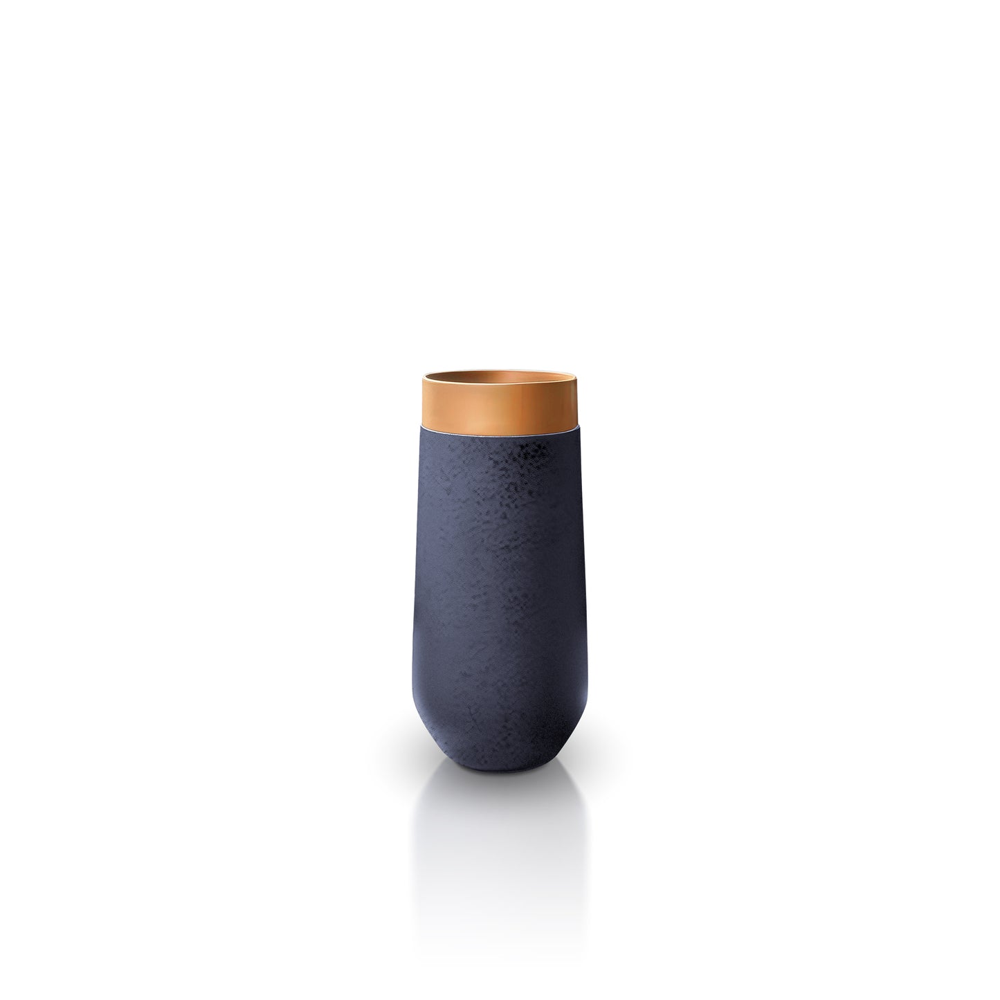 A stunning dark blue ceramic tumbler with a matte finish and shiny copper rim evokes the elegance of the Landmark Decors Mare e Terra Elegant Planter, showcased against a simple white backdrop.