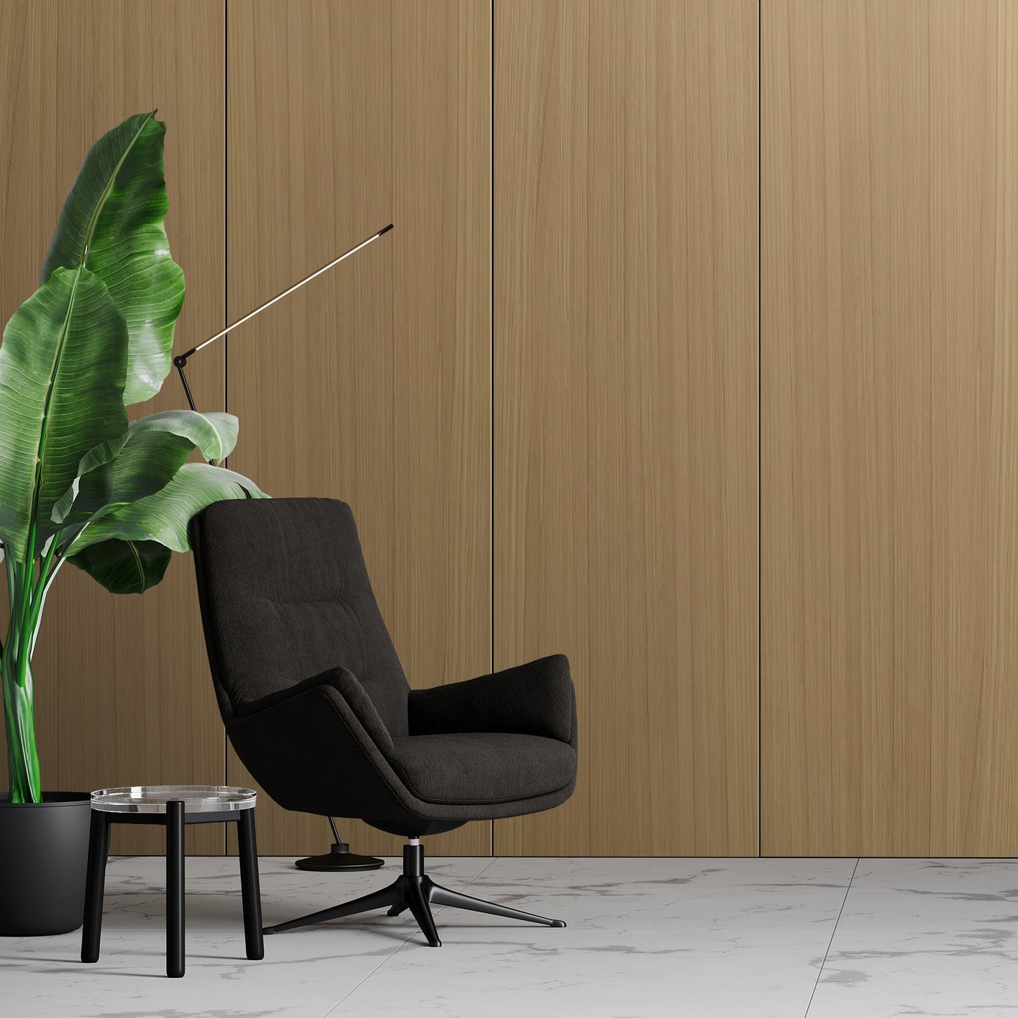 A modern black armchair and a small glass table sit by a large potted plant against Landmark Decor's Warm Oak Carbon Sheet wall panels on a marble floor.