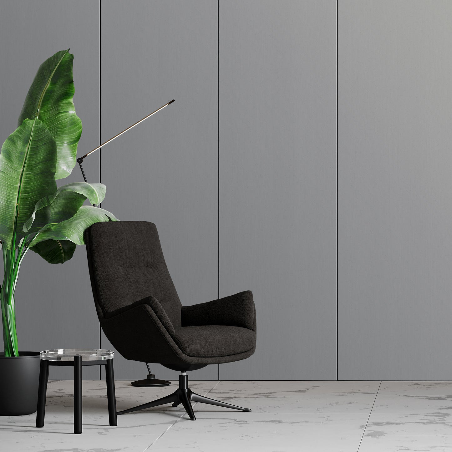 A modern black armchair sits by a glass side table and a large potted plant, set against Landmark Decor's Slate Grey Carbon Sheet wall panels on a marble floor.