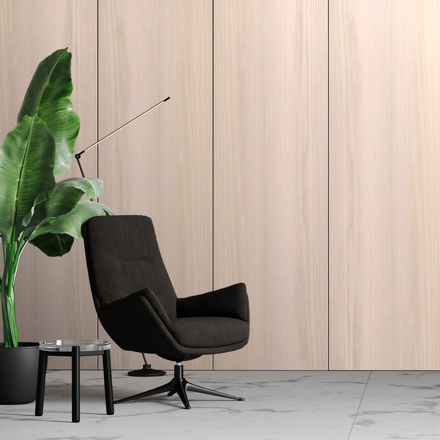 A modern black swivel chair sits by a glass-top side table and large potted plant, set against Landmark Decor’s Bleached Oak Carbon Sheet wall panels on a marble floor.