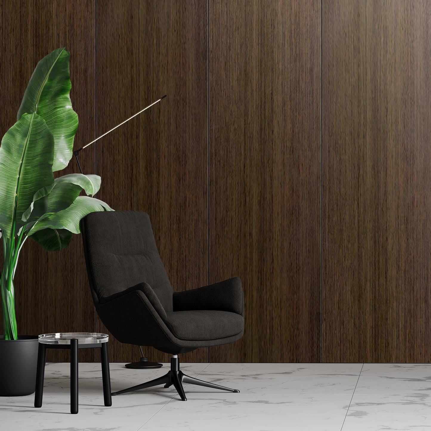 An Espresso Walnut Carbon Sheet from Landmark Decor creates a sleek, contemporary backdrop for a black swivel chair, glass side table, and potted plant set on a white marble floor with modern wall panels.