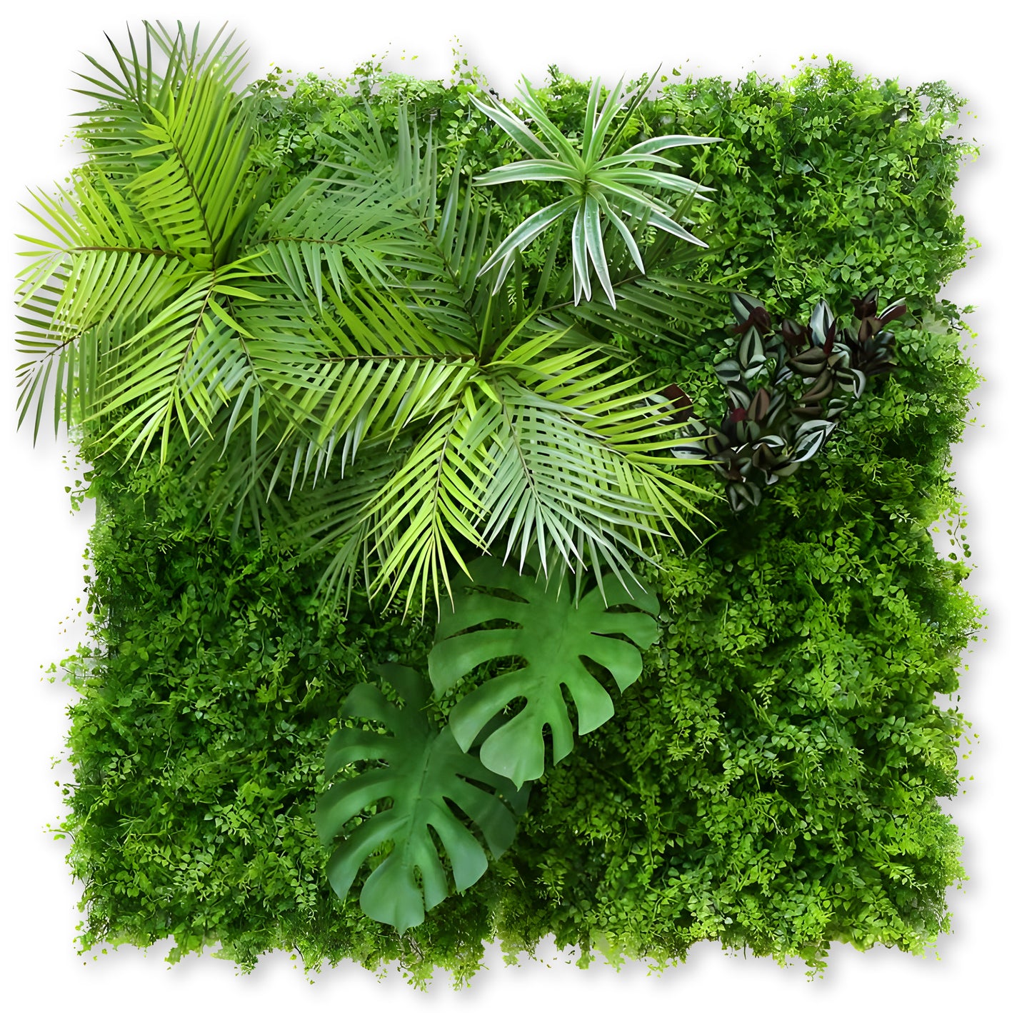 The Landmark Decor Tropical Green Grass Wall features a square array of lush palm and monstera leaves, creating a vibrant, decorative panel that resembles luxurious green surfaces when seen from above.