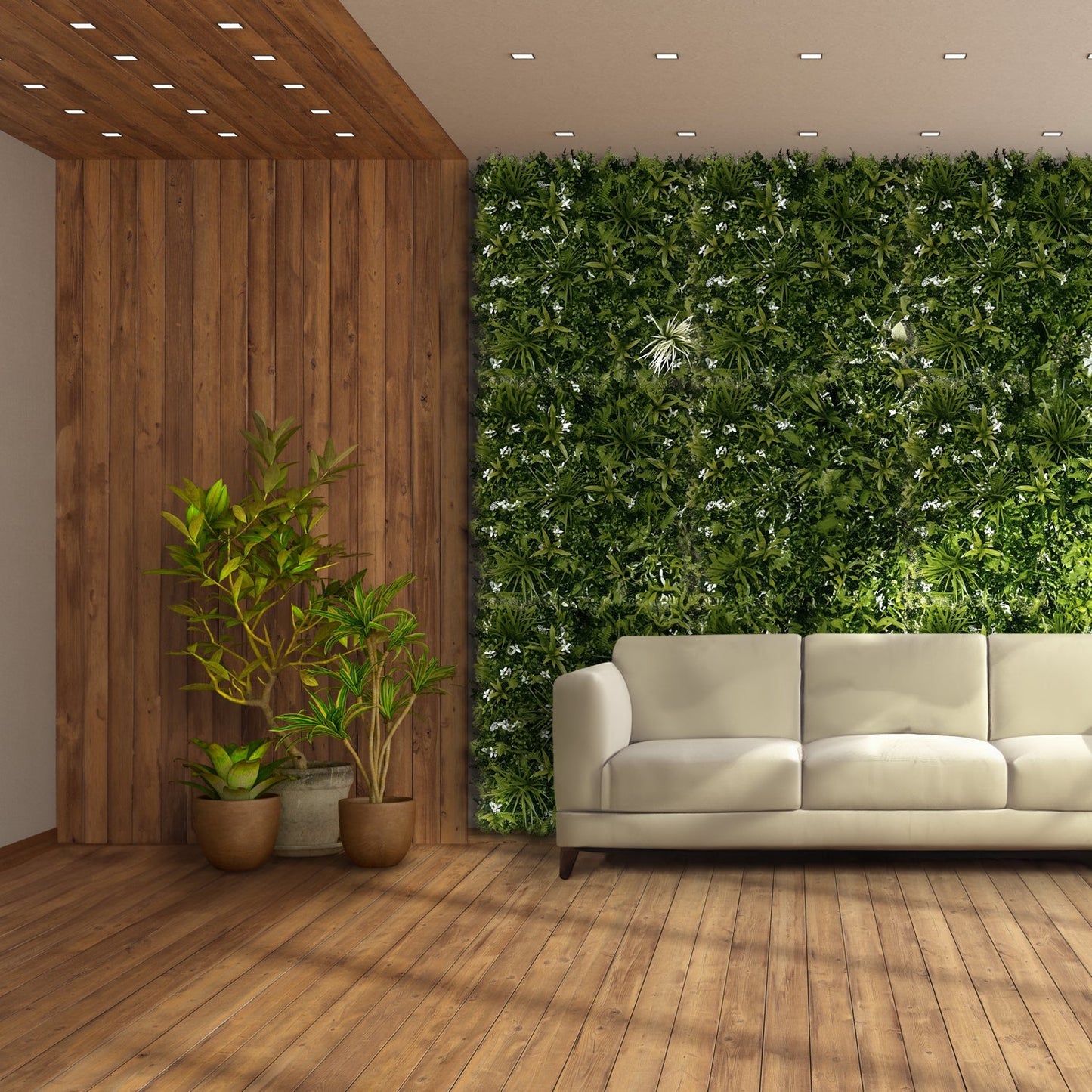 Create a modern living room with Landmark Decor’s Tropical Peace Wall, featuring a beige sofa, wooden floors and walls, potted plants, and accents of white flower grass for a soft, natural touch.