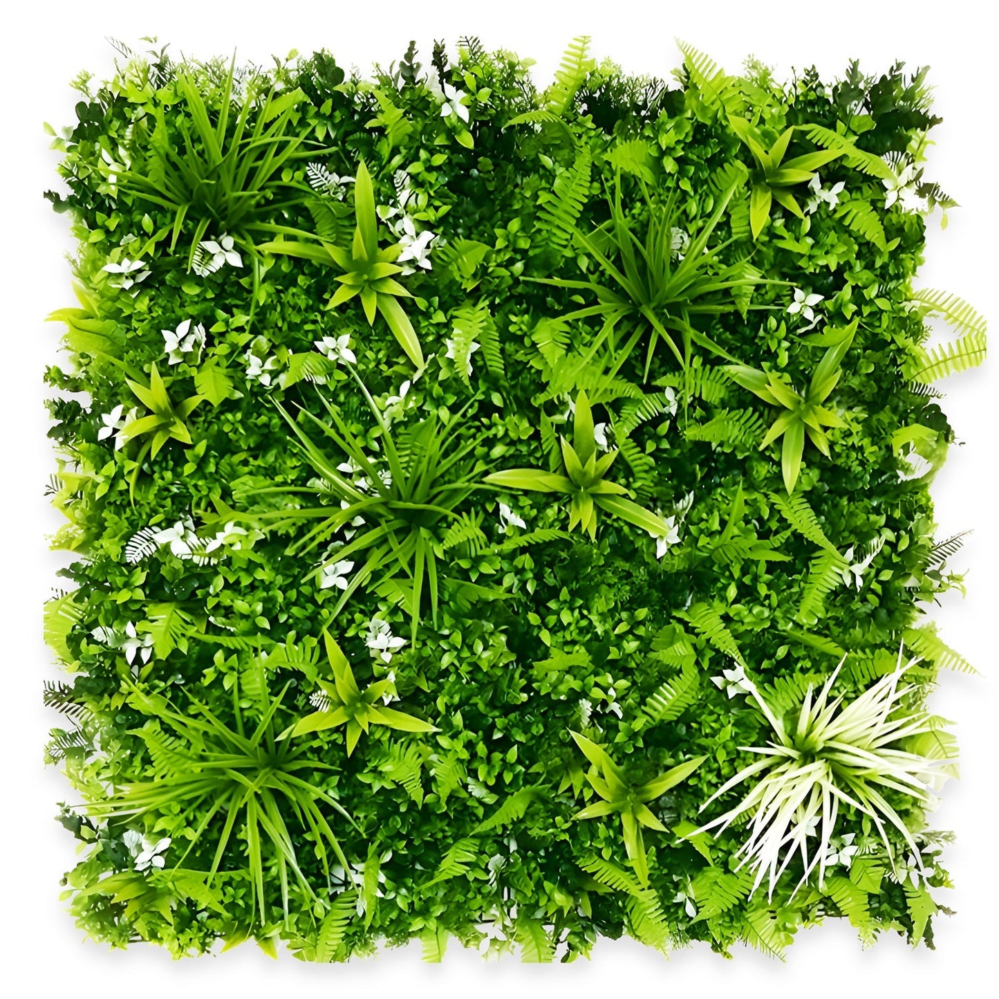 The Landmark Decor Tropical Peace Wall is a lush square panel with dense artificial green foliage, ferns, and White Flower Grass plus small white flowers for a vibrant, natural look.