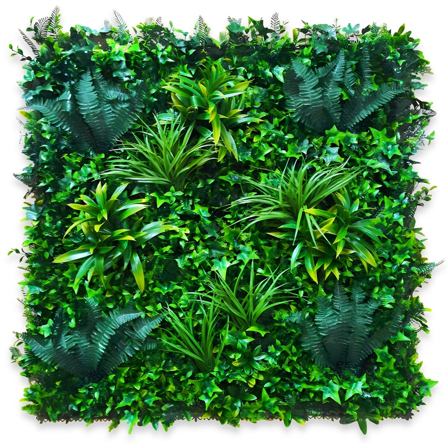 The Emerald Sanctuary by Landmark Decor is a rectangular vertical garden panel with a dense mix of lush ivy and vibrant grass foliage.