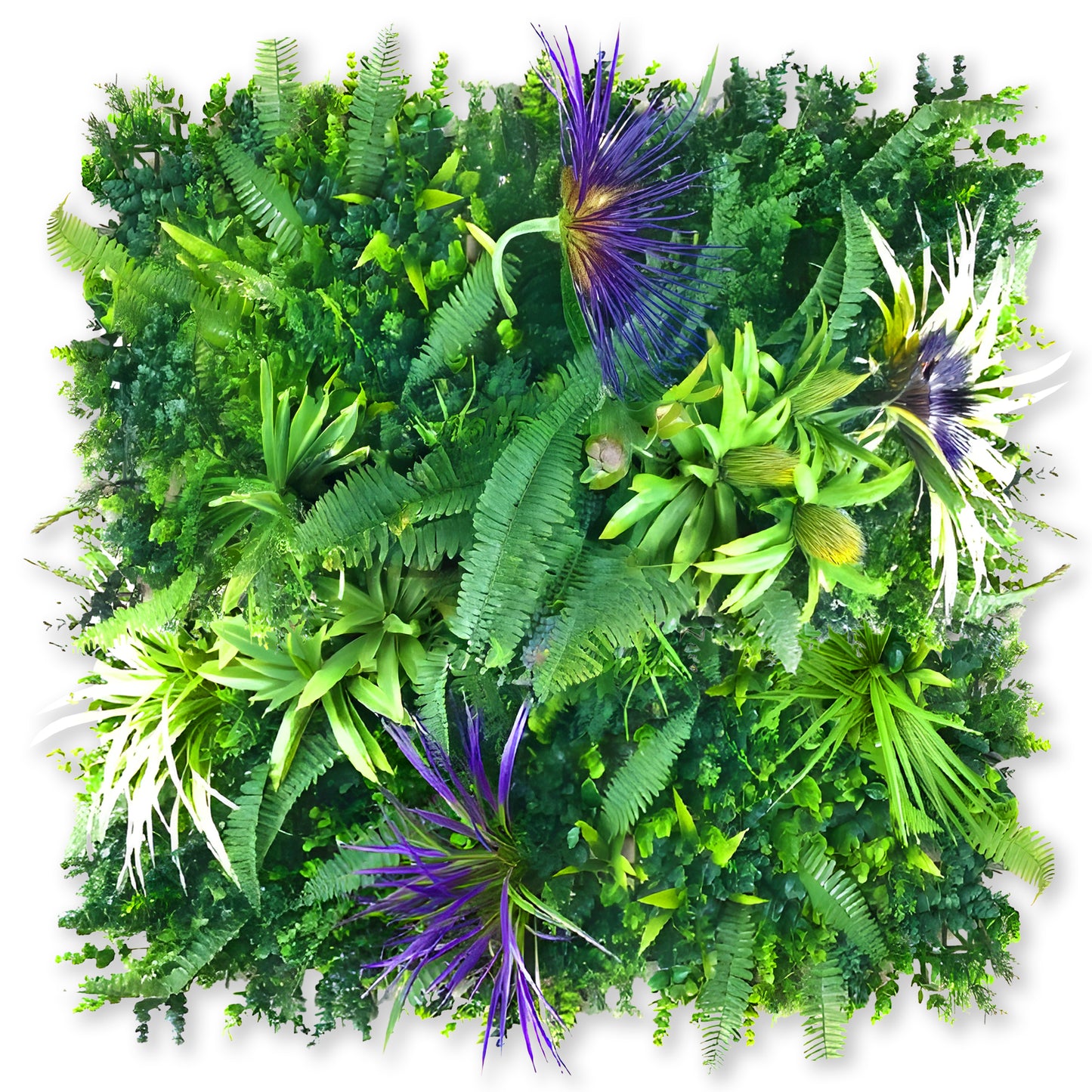 The Amethyst Zen Greenery Grass Wall by Landmark Decor features dense green foliage with spiky purple and white flowers, ideal for decorative wall panels or artificial grass displays.