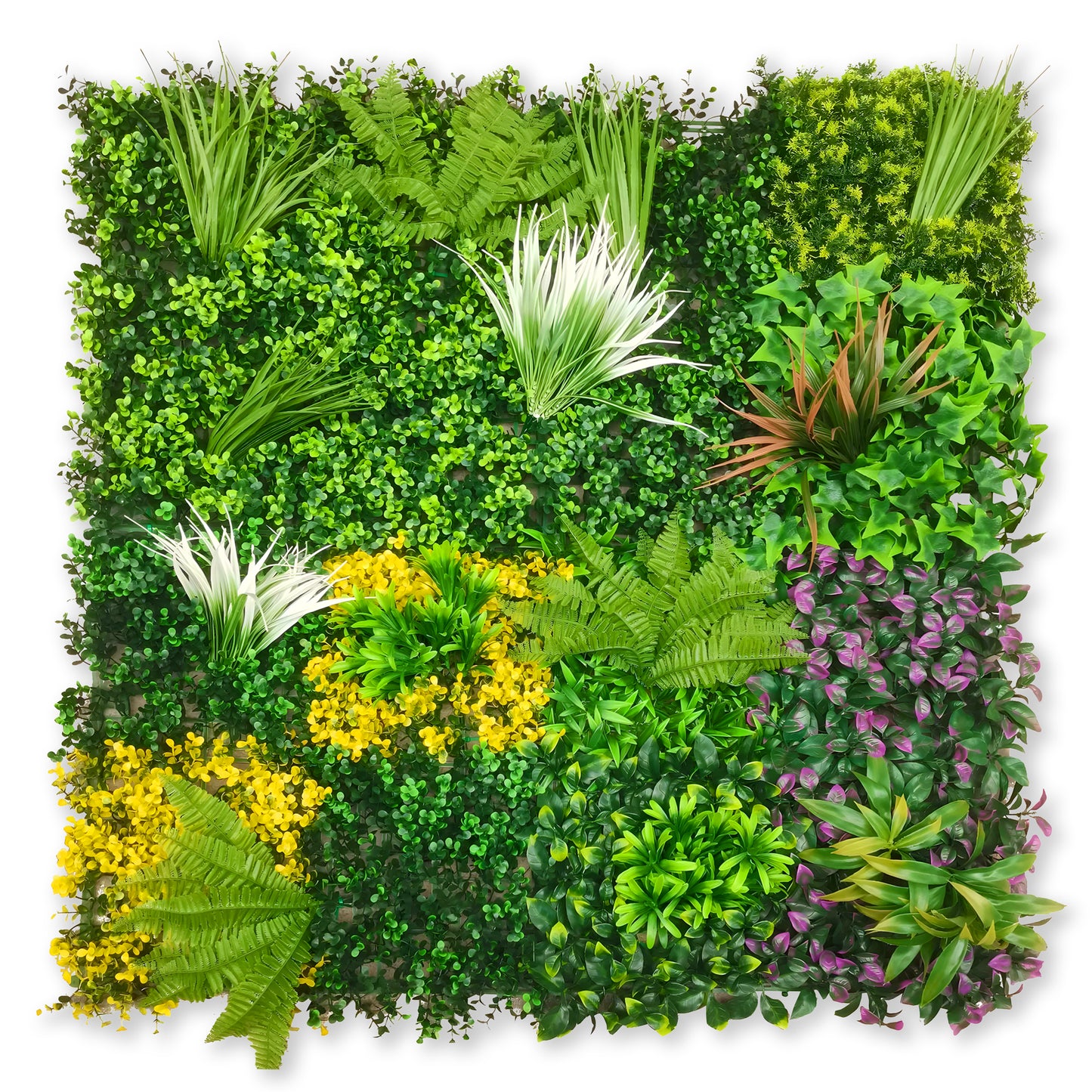 The Landmark Decor Green Aura Grass Wall is a square vertical garden panel with green, yellow, and purple foliage arranged in sections—perfect for adding nature-inspired style to your decorative wall panels.