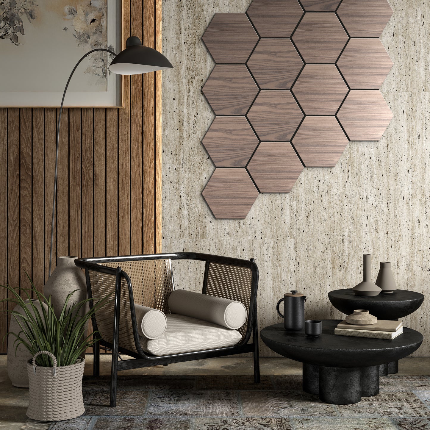A modern living room featuring a cane armchair, black coffee table, Landmark Decor White Oak Hexagon Wood Wall Panels, potted plant, and neutral-toned decor.