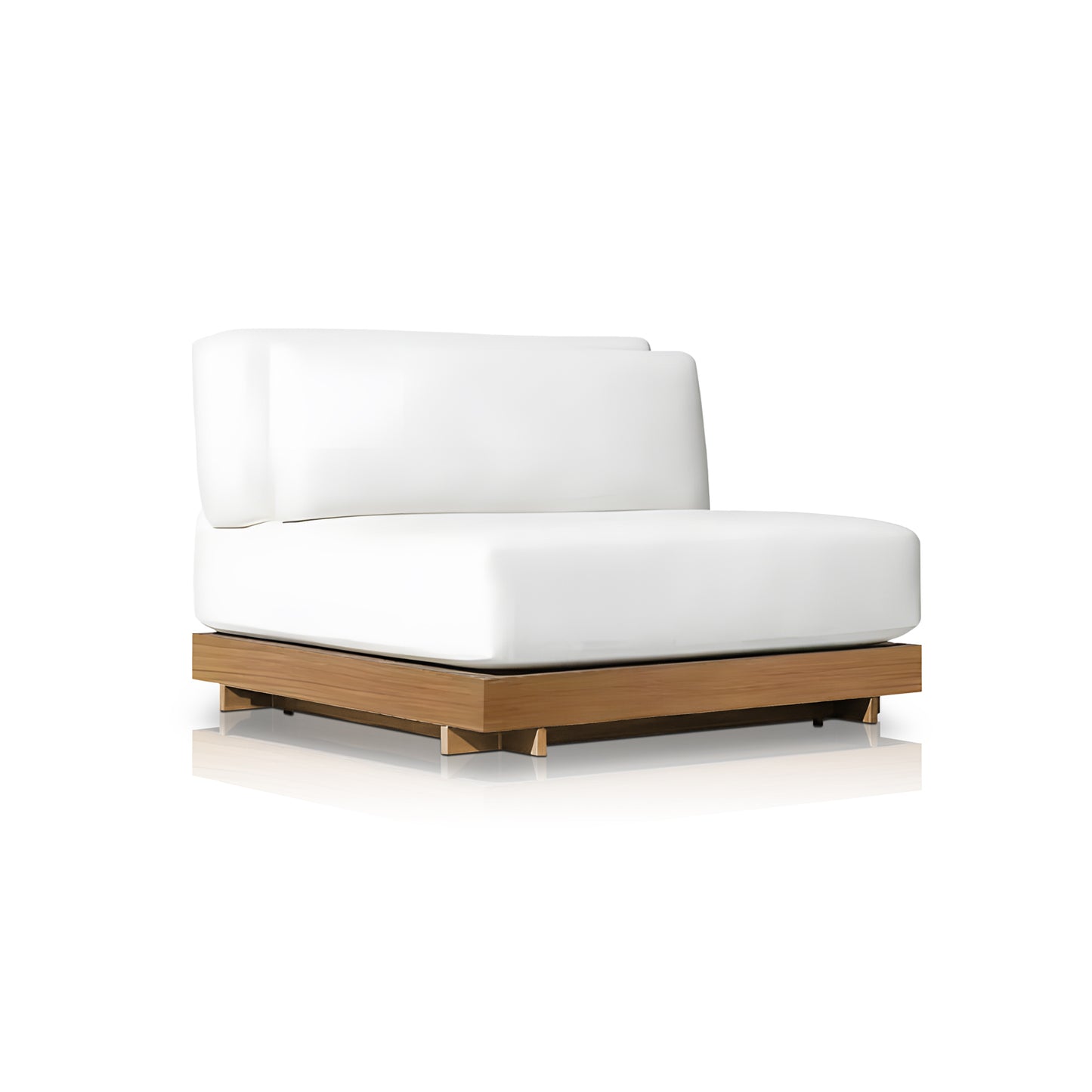 The Santorini Serenity Collection by Landmark Decor features a modern white chaise lounge with plush, weather-resistant cushions on a sleek wooden base in a natural finish. Ideal for outdoor relaxation, its timeless minimalist design complements any space beautifully.