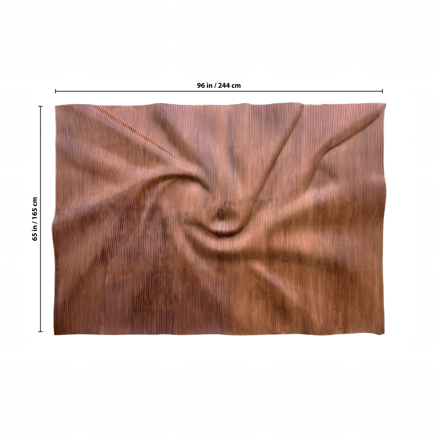 The Aura Wall Art by Landmark Decor is a rectangular brown textured fabric panel with a central swirl crease. Measuring 96 in (244 cm) wide by 65 in (165 cm) tall, it's perfect for modern interiors. Measurement lines are shown.