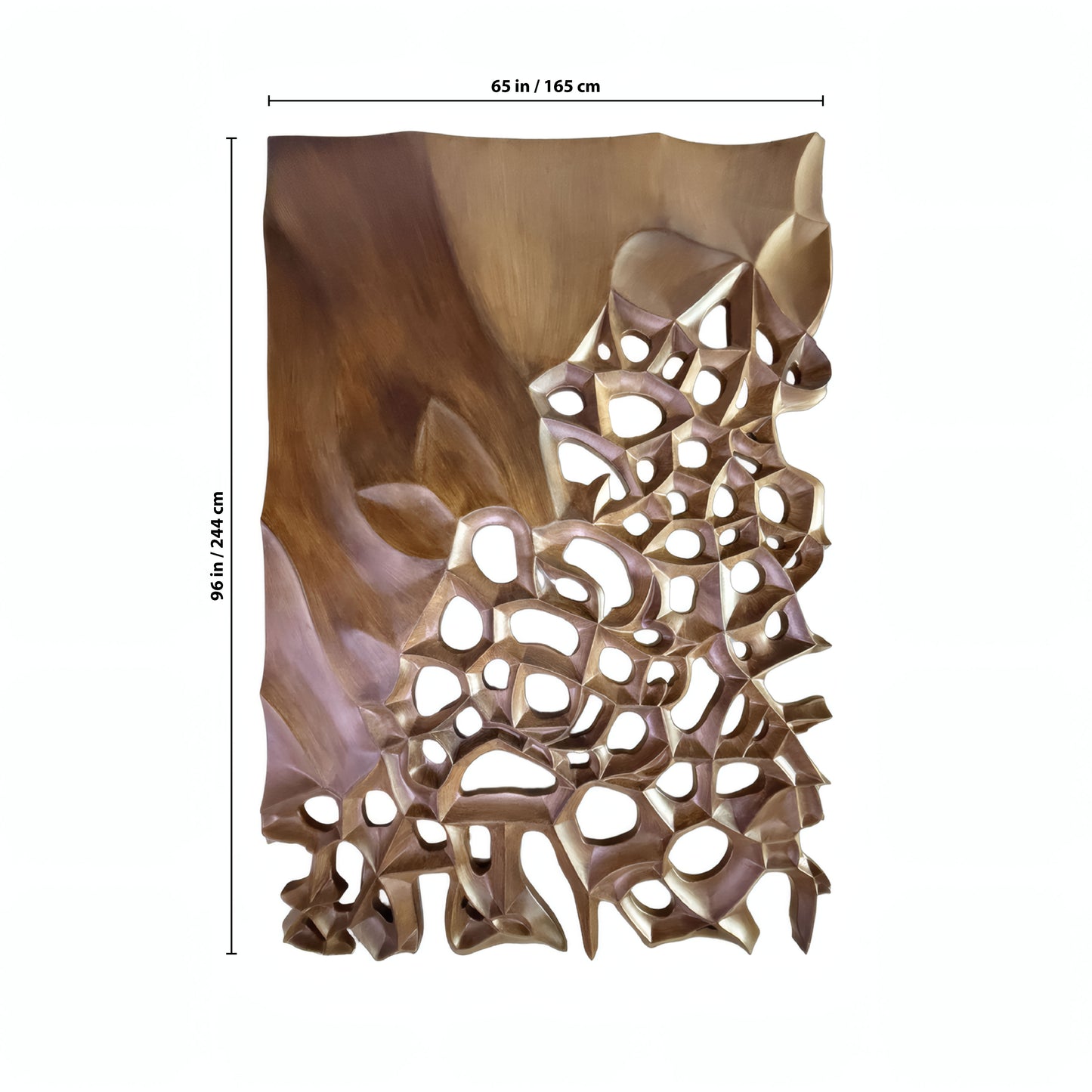 The Echo Wall Art by Landmark Decor is a rectangular wooden panel with intricate cut-out patterns, measuring 96" high and 65" wide—an elegant statement piece for modern spaces.