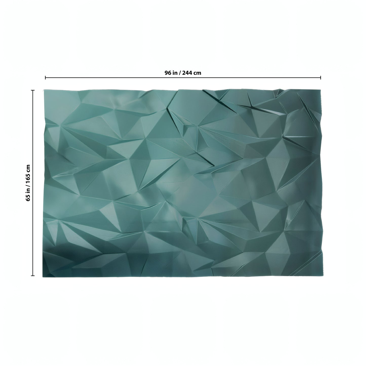 The Solace Wall Art by Landmark Decor is a rectangular teal panel with a geometric pattern, ideal for modern decor, measuring 96 in (244 cm) wide and 65 in (165 cm) tall.