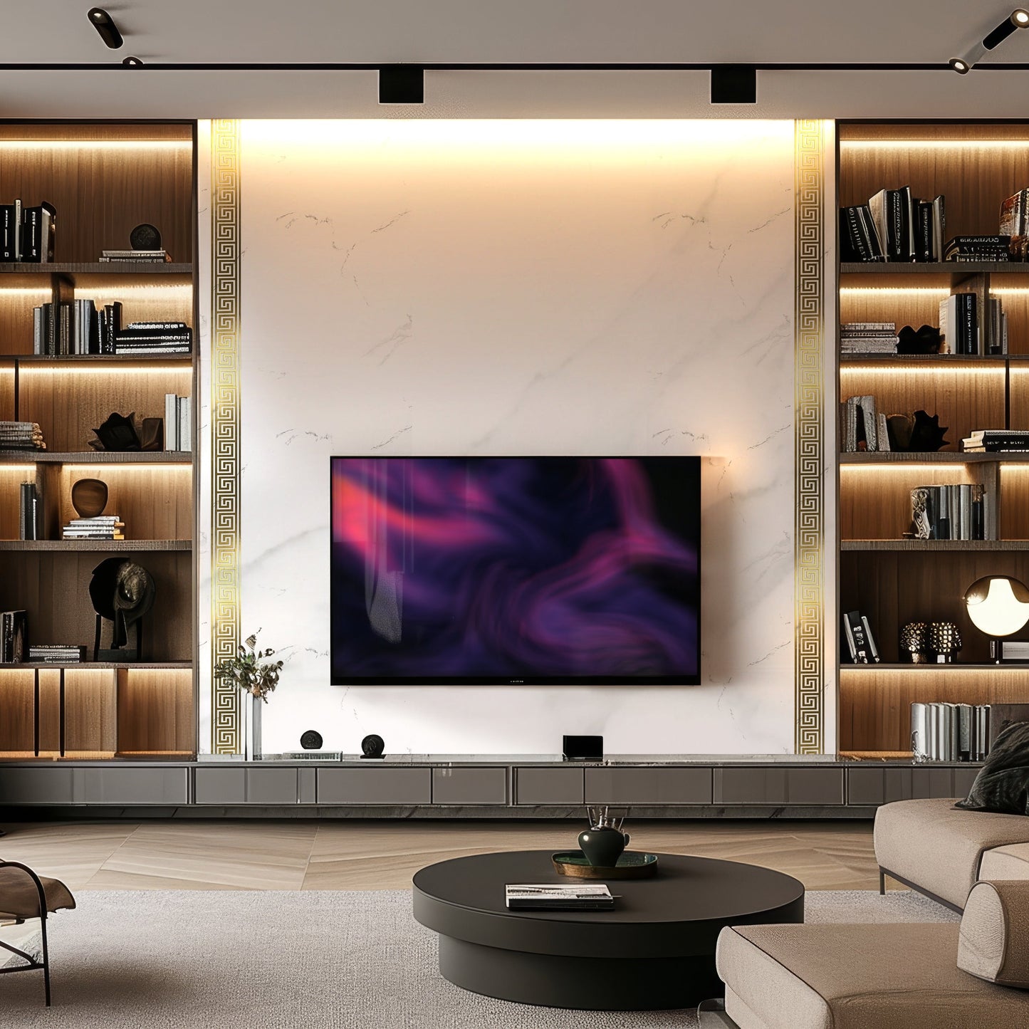 Modern living room with a large wall-mounted TV, Landmark Decor Golden Edge Marble Durable PVC Wall as the feature wall, built-in wooden shelves with warm lighting, and a round coffee table on a beige rug.