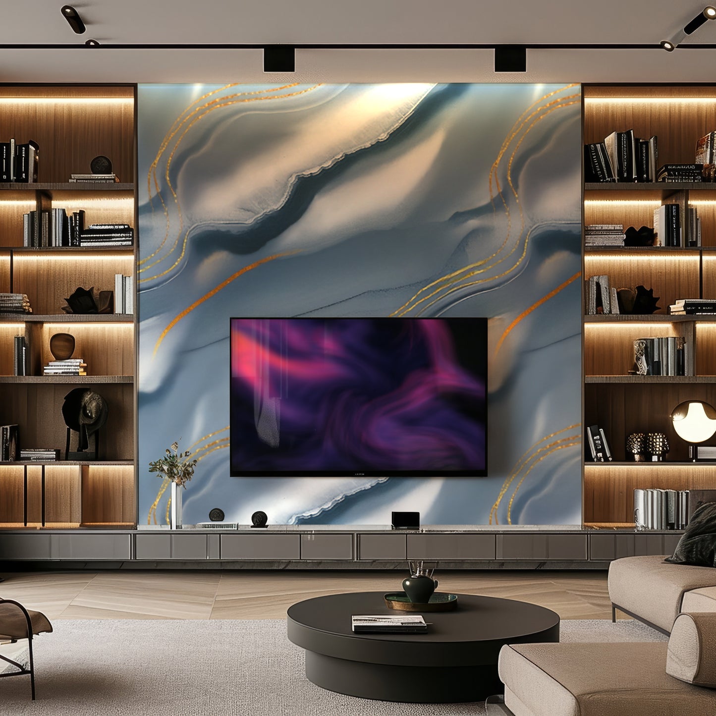 Modern living room with built-in shelves, a round coffee table, and a wall-mounted TV set against Landmark Decor's Azure Drift Marble Durable PVC Wall panels featuring an abstract mural.
