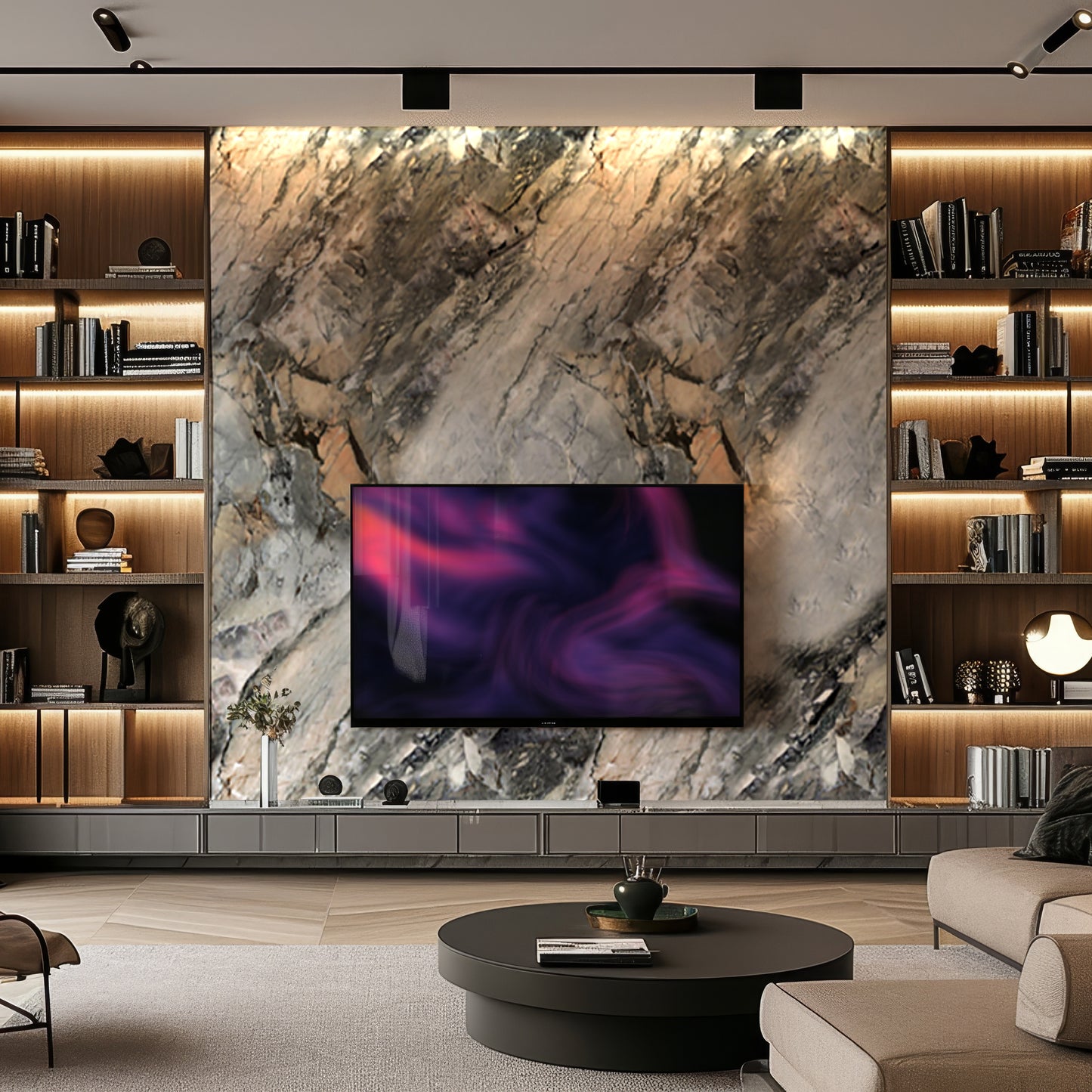 A modern living room featuring Landmark Decor's Fossil Gray Marble Durable PVC Wall as a striking accent, with a mounted flat-screen TV, built-in shelves holding books and decor, and a round coffee table in front.