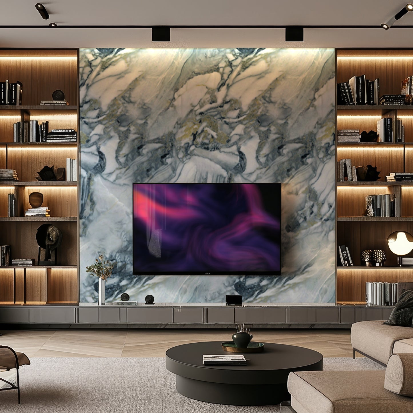 Modern living room featuring Landmark Decor's Misty River Marble Durable PVC Wall panel accent, mounted flat-screen TV, built-in wooden shelves with books and decor, a round coffee table, and neutral-toned furniture.