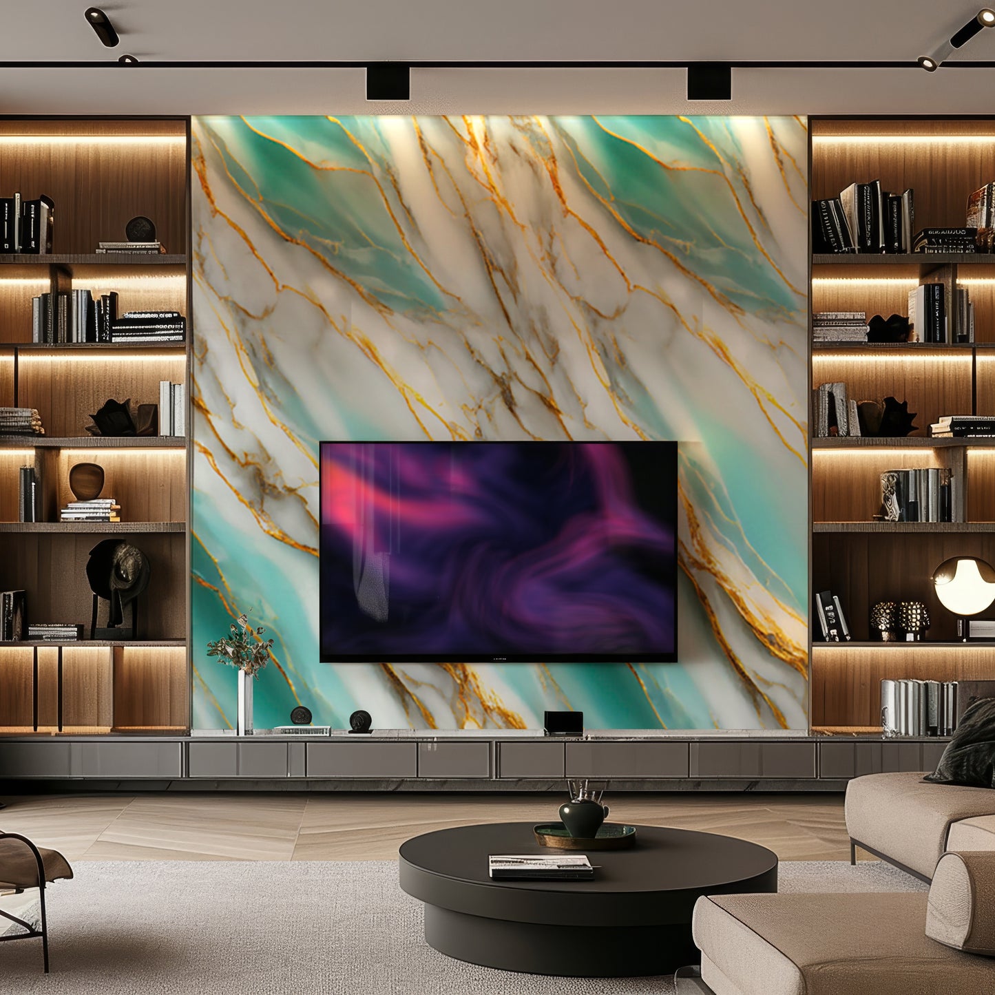 A modern living room with built-in shelves, a marble accent wall featuring gold and teal veining created using Landmark Decor’s Aqua Flame Marble Durable PVC Wall panels, and a large flat-screen TV mounted at the center.
