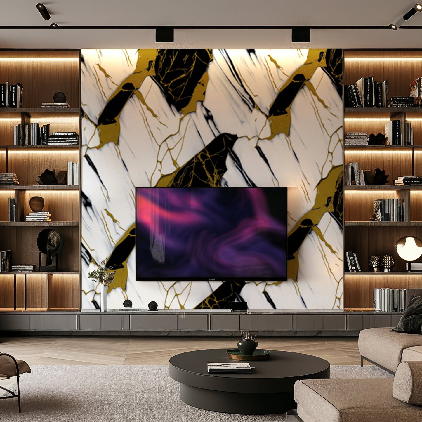 Modern living room with built-in shelves, a round coffee table, and a large TV on an accent wall clad in Landmark Decor’s Oblique Noir Marble Durable PVC Wall panels featuring bold black and gold veining.