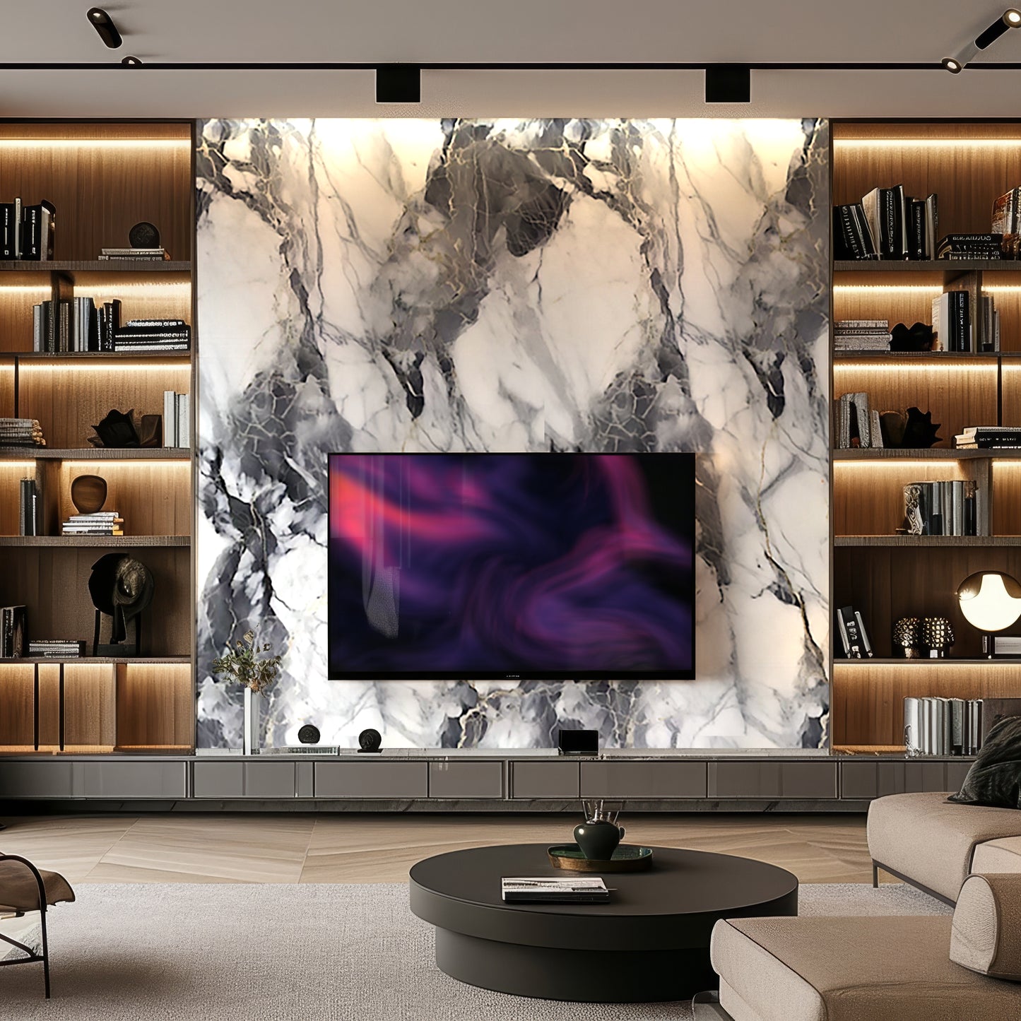 A modern living room featuring Landmark Decor’s Shadow Storm Marble Durable PVC Wall as an accent, with a mounted flat-screen TV, built-in shelves with decor, and a round coffee table.