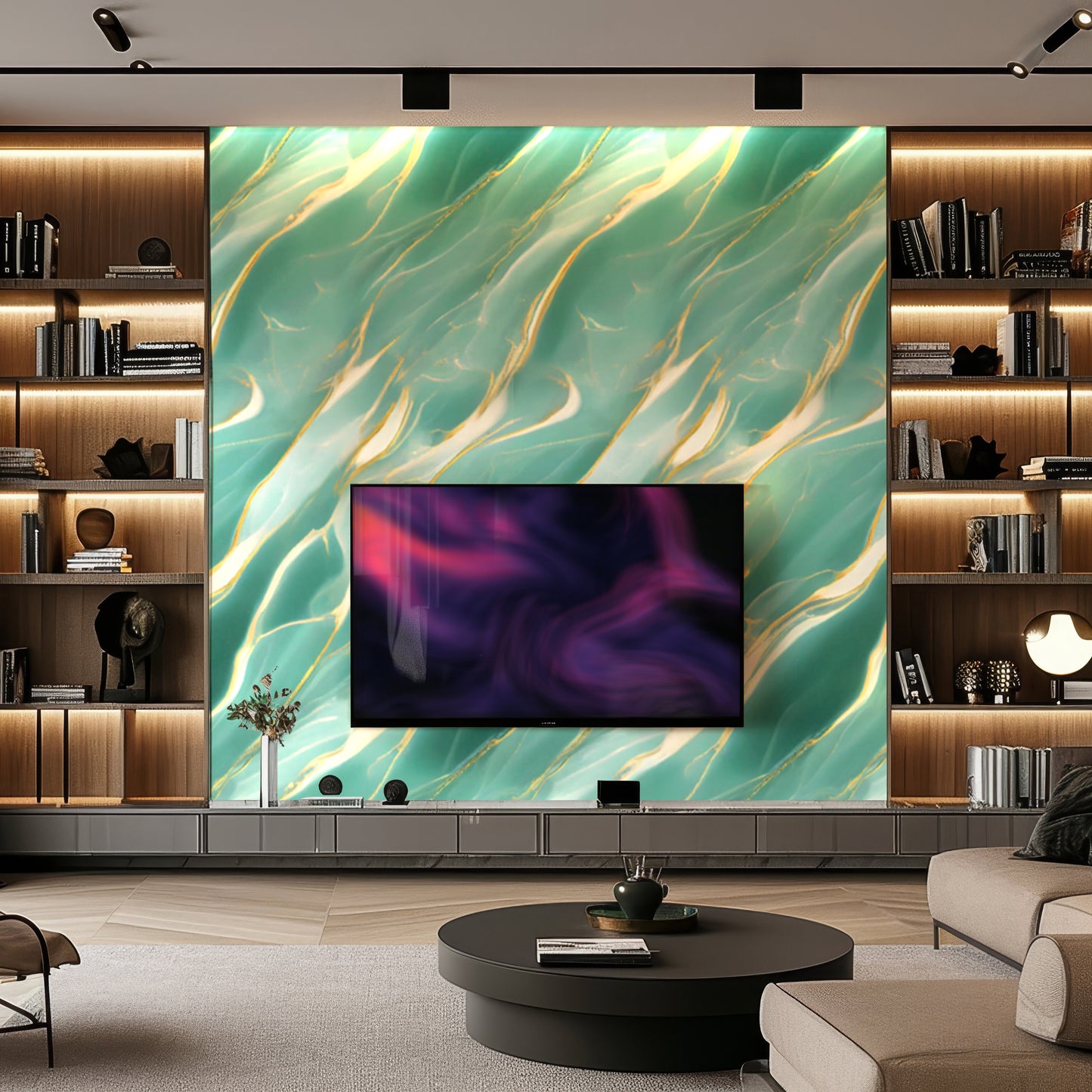A modern living room with built-in wooden shelves, a large abstract green and gold wall panel, a mounted flat-screen TV, and Landmark Decor's Aqua Whisper Marble Durable PVC Wall cladding.