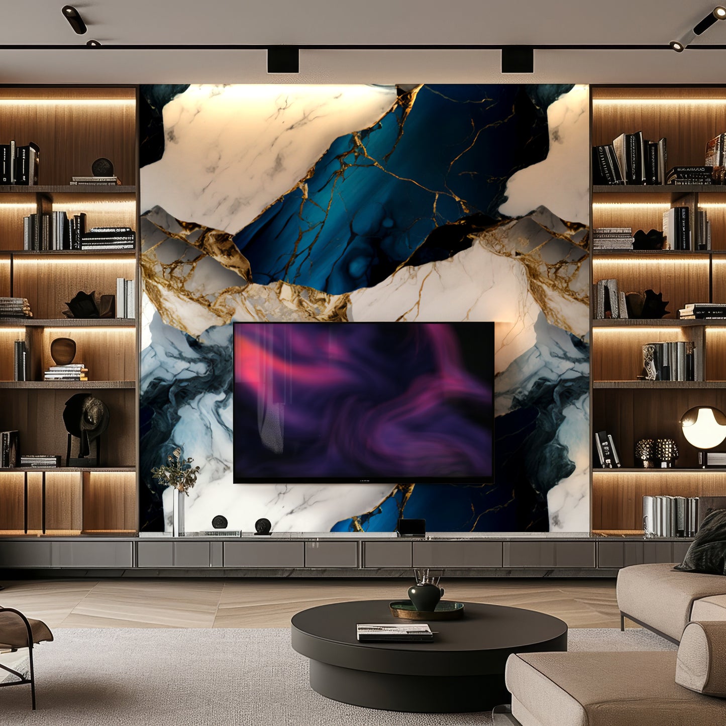 Modern living room with built-in wooden shelves, a flat-screen TV centered on a Blue Mirage Marble Durable PVC Wall by Landmark Decor, featuring elegant blue and gold veining for sophisticated interior design.
