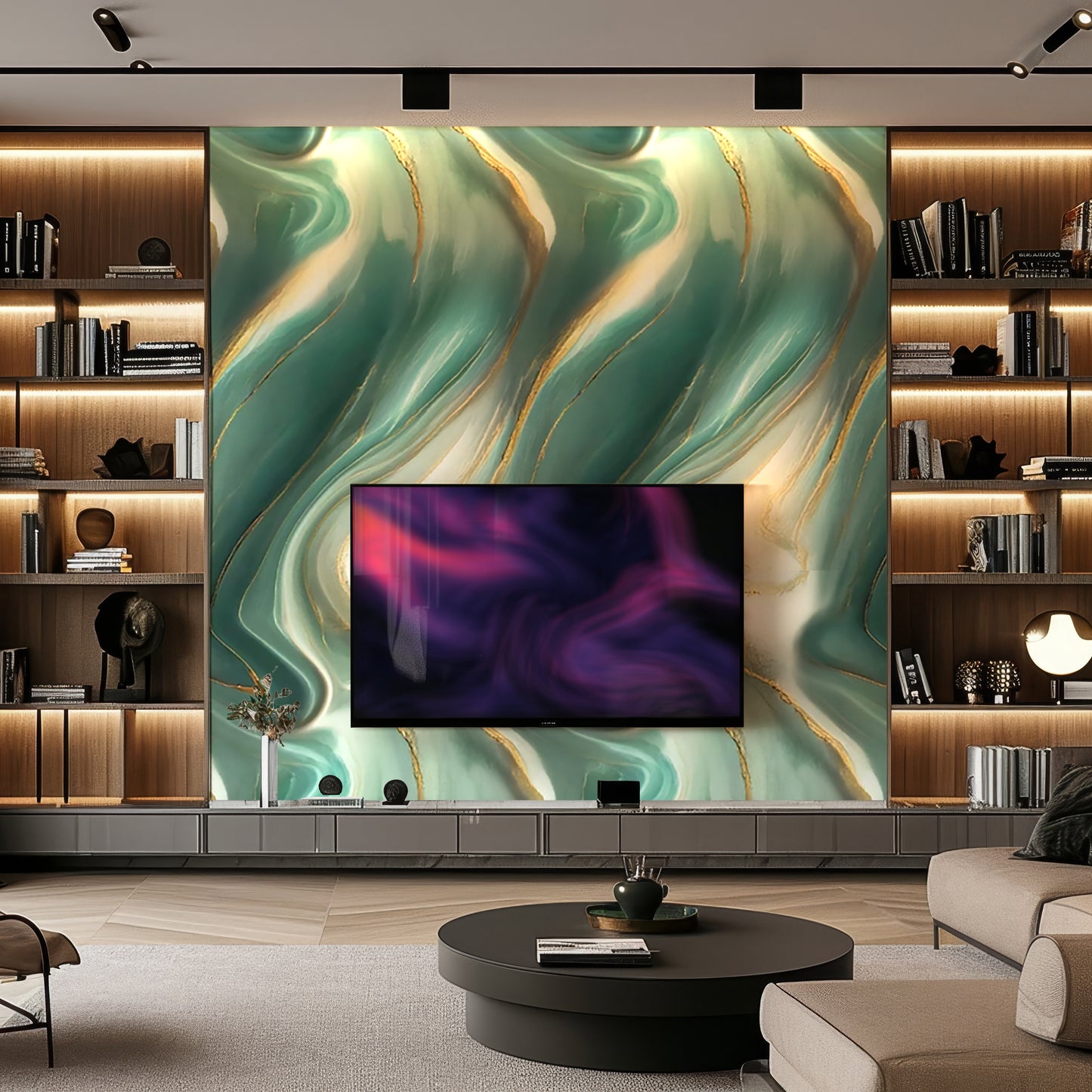 Modern living room with built-in bookshelves, a round coffee table, and a TV mounted on a wall featuring Landmark Decor’s Sea Crest Marble Durable PVC Wall panels in a green and gold abstract design.