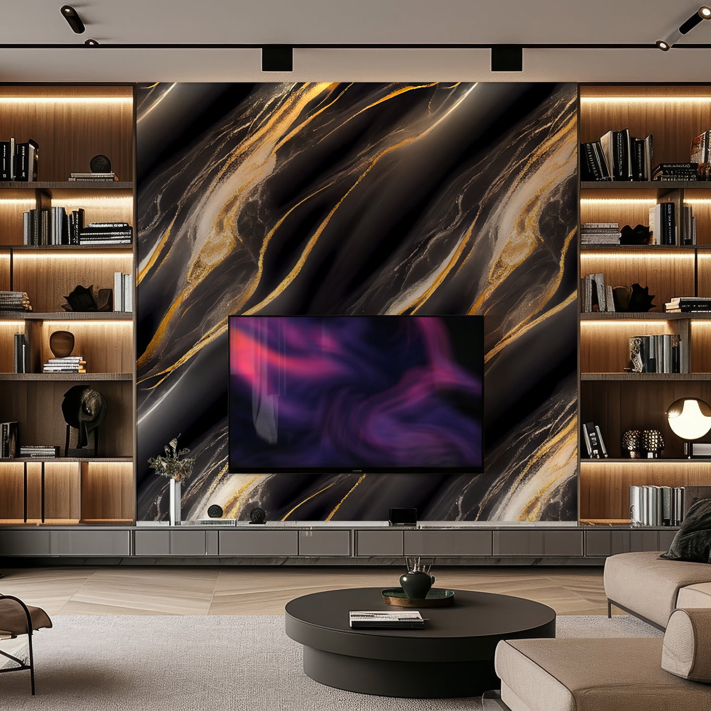 A modern living room with built-in wooden shelves, a Landmark Decor Galaxy Flow Marble Durable PVC Wall as a stunning feature, decorative panels, a large TV above a low console, contemporary decor, and a round coffee table.