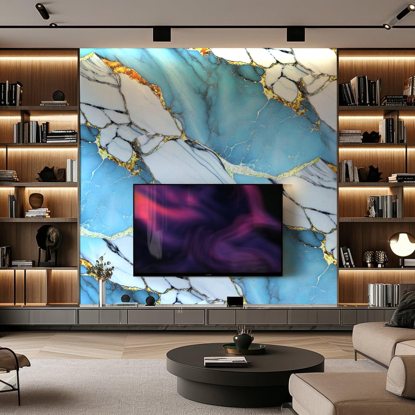 Modern living room with built-in shelving, a flat-screen TV, a round coffee table, and a Landmark Decor Royal Azure Marble Durable PVC Wall panel as a striking blue and white accent wall.