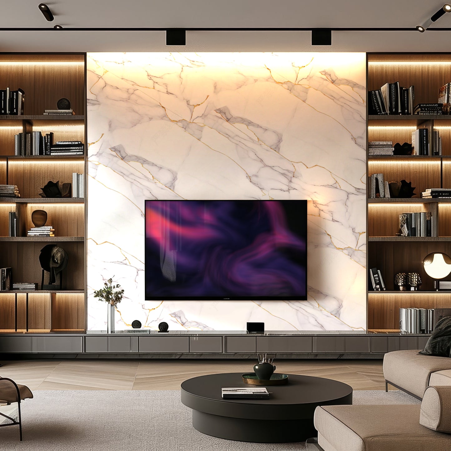 A modern living room featuring Landmark Decor’s White Silk Vein Marble Durable PVC Wall with a wall-mounted TV, built-in shelves for books and décor, and a round coffee table in front.