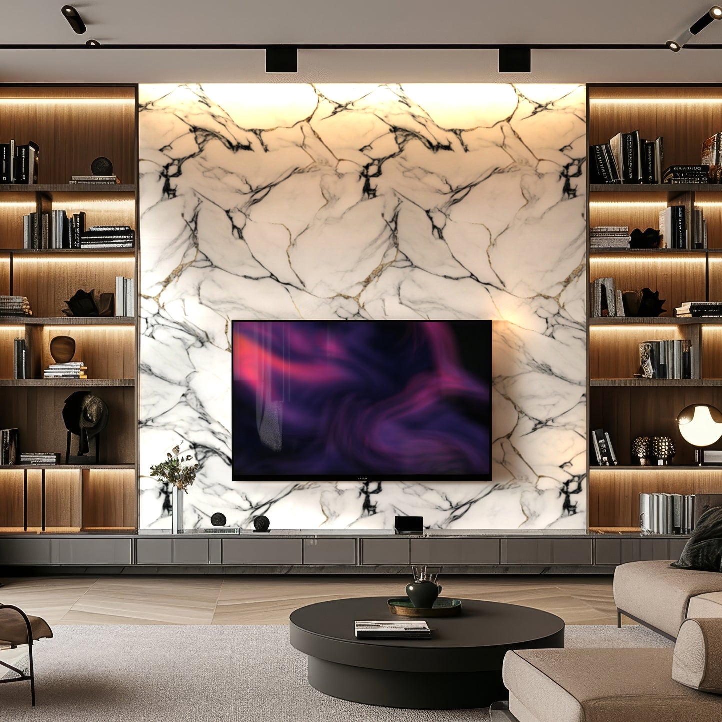 Modern living room featuring Landmark Decor's Onyx Snow Marble Durable PVC Wall panel as an accent, with built-in shelves, a flat-screen TV, and a round coffee table.