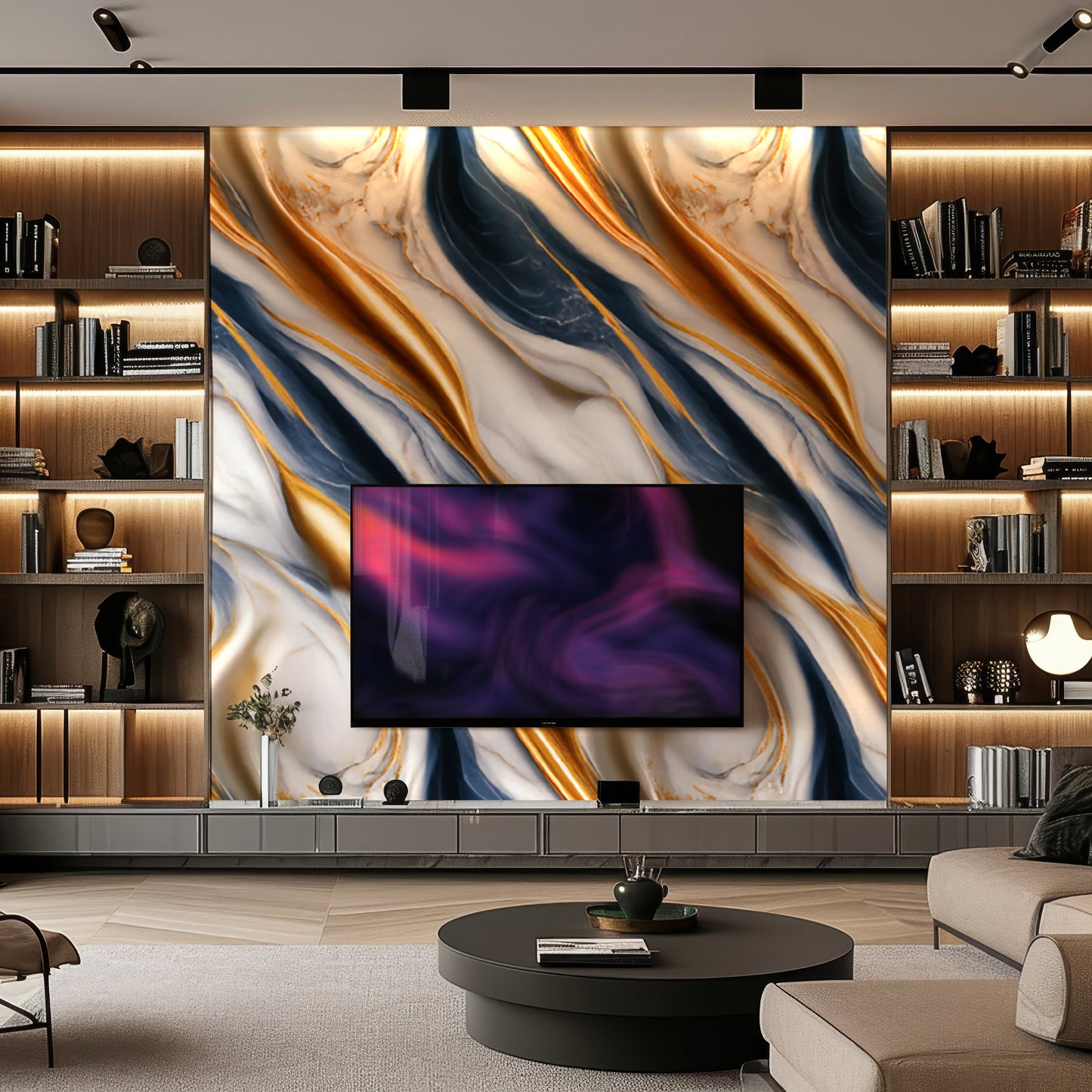 Modern living room with a large TV mounted on Landmark Decor's Royal Tide Marble Durable PVC Wall panels, featuring gold, navy, and white swirls, accented by built-in wood shelves with books and decor for a sophisticated look.