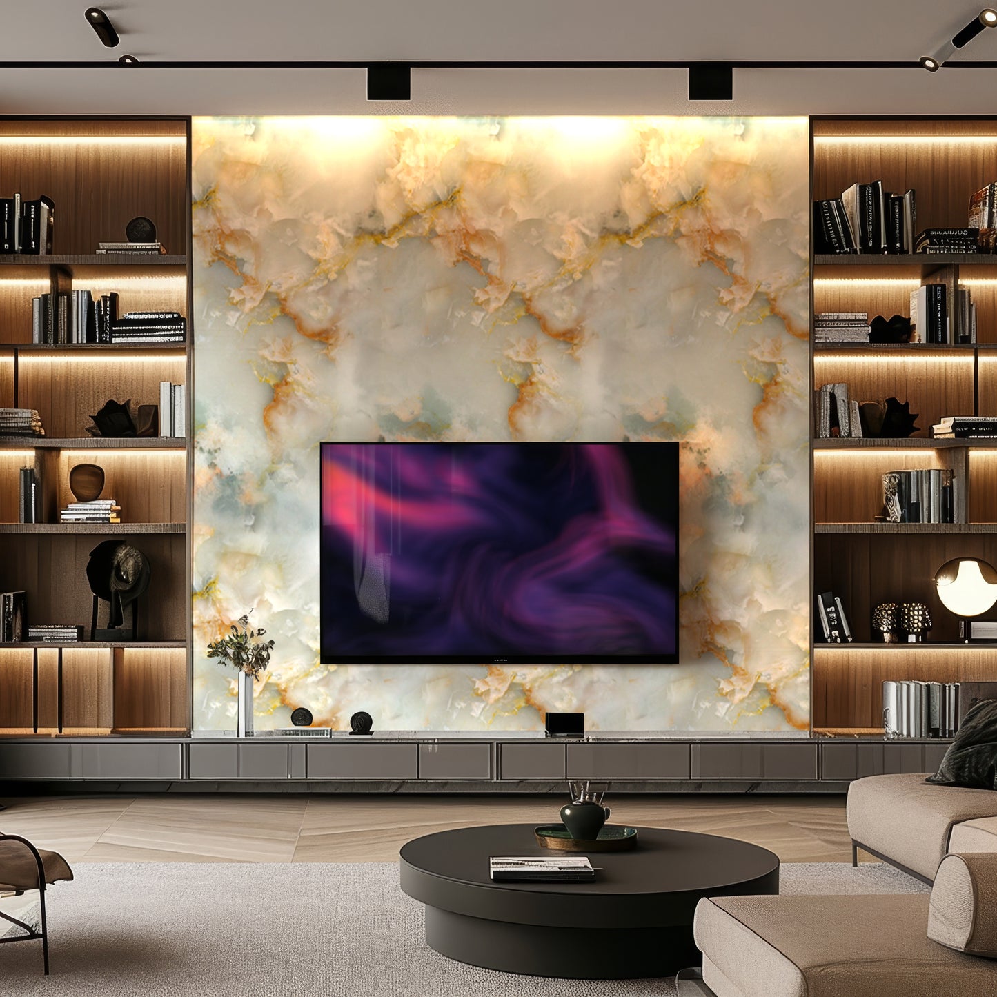 Modern living room features Landmark Decor's Peach Quartz Marble Durable PVC Wall panels as an accent wall, with a flat-screen TV, built-in wooden shelves, and a round coffee table—ideal for contemporary interior design.