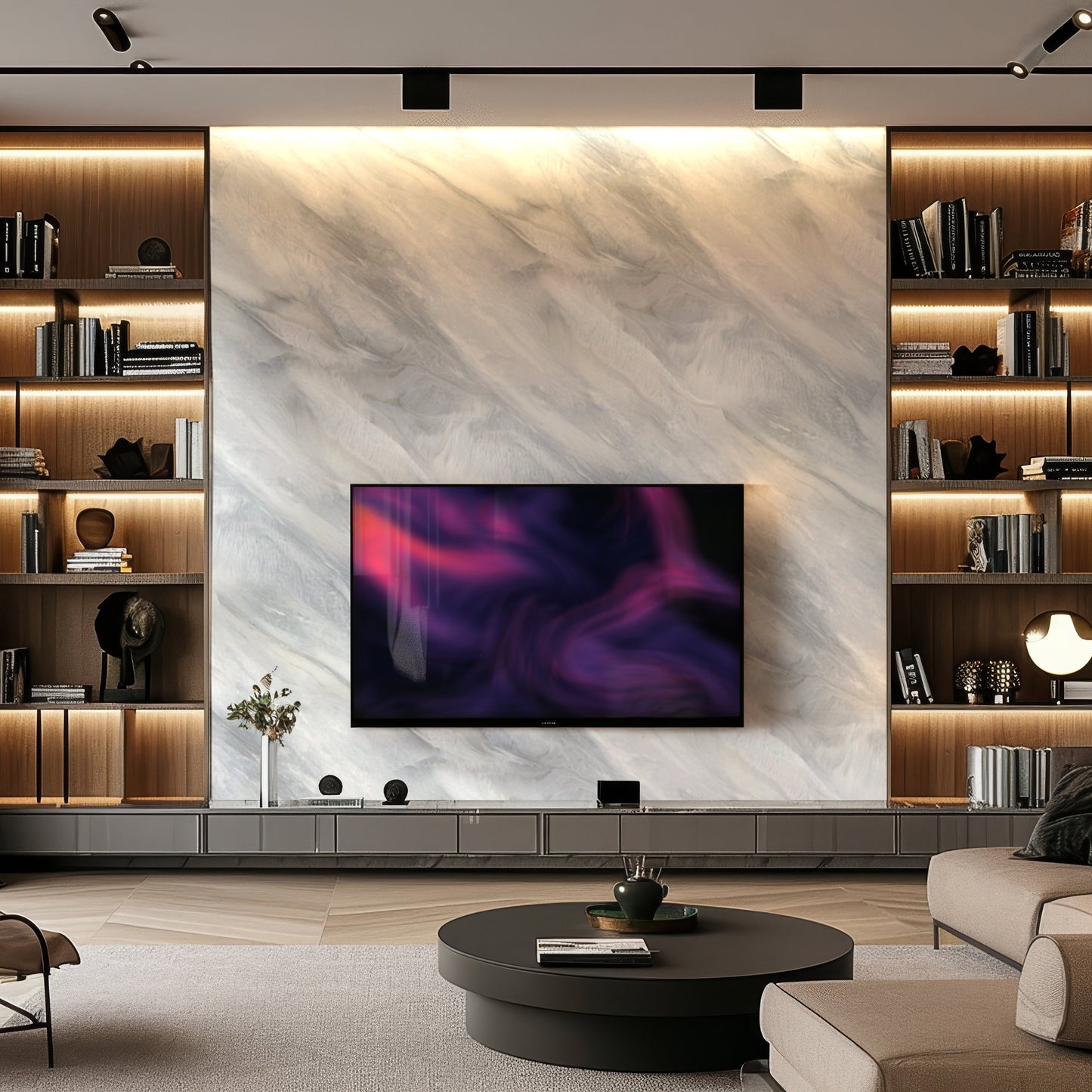 Modern living room with a large wall-mounted TV, Cloudstone Pearl Marble Durable PVC Wall panels by Landmark Decor as an accent wall, built-in shelves with books and decor, and a round coffee table on a neutral rug.