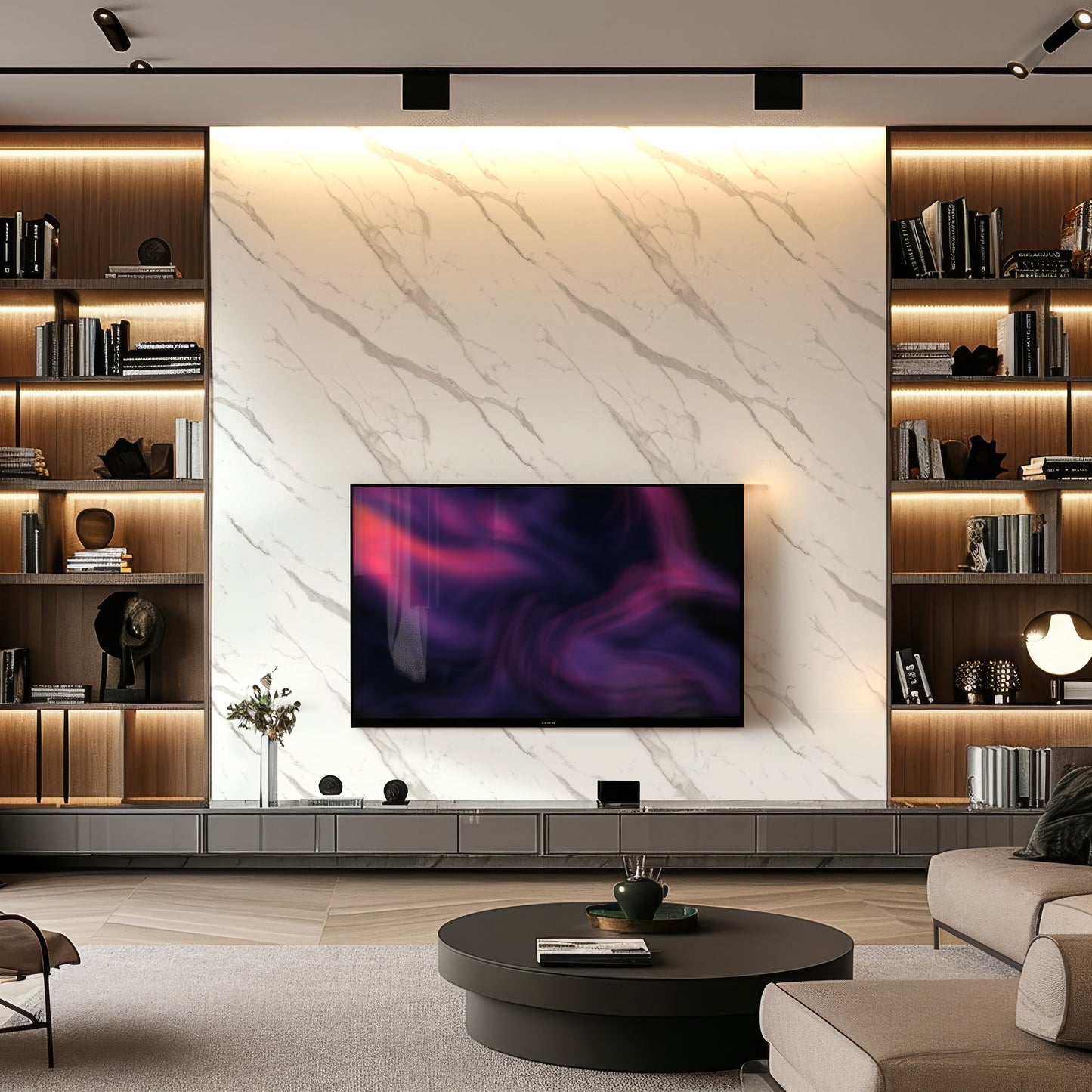 Modern living room with built-in shelves, a Silver Frost Marble Durable PVC Wall by Landmark Decor as a striking accent, mounted flat-screen TV, round coffee table, and neutral-toned furniture.