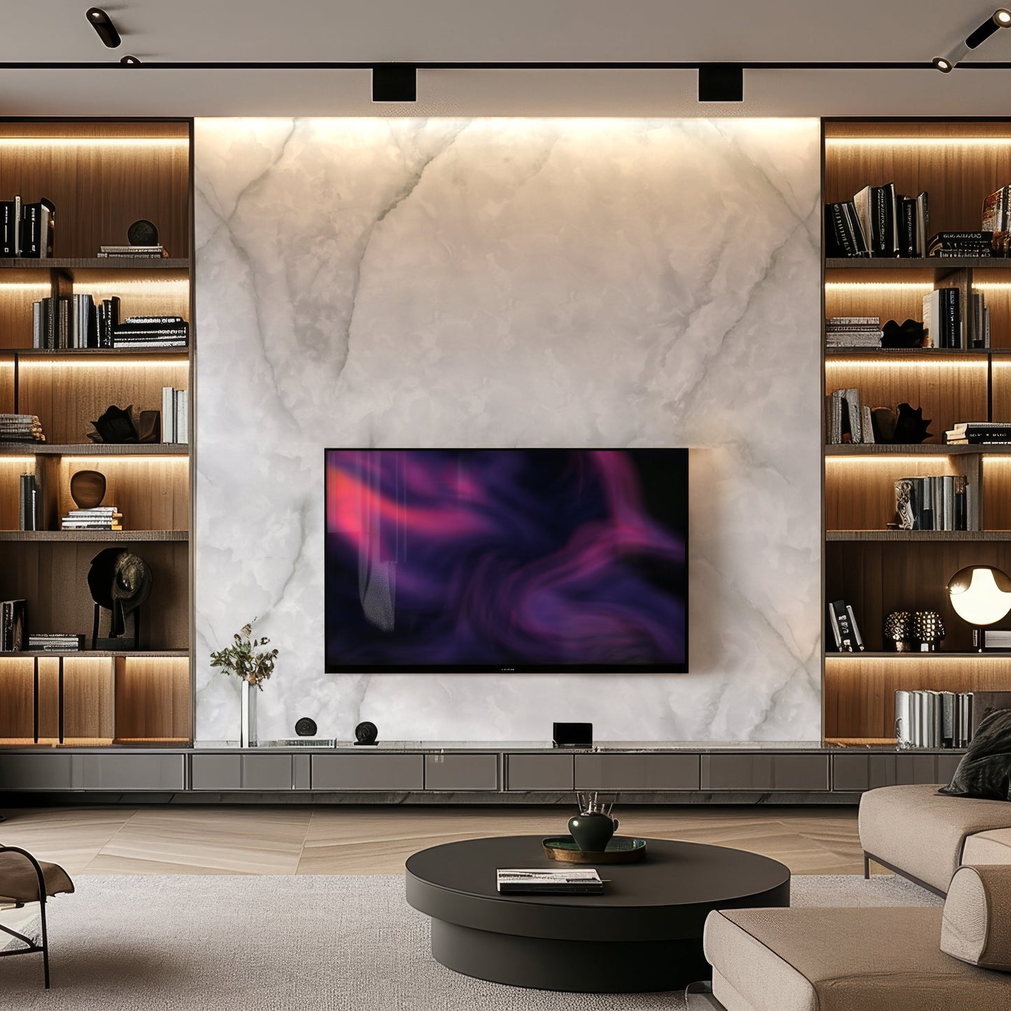 A modern living room features a wall-mounted TV on Landmark Decor’s Misty Stone Marble Durable PVC Wall, accented by built-in shelves with books and decor, and a round coffee table—an elegant upgrade for contemporary interiors.