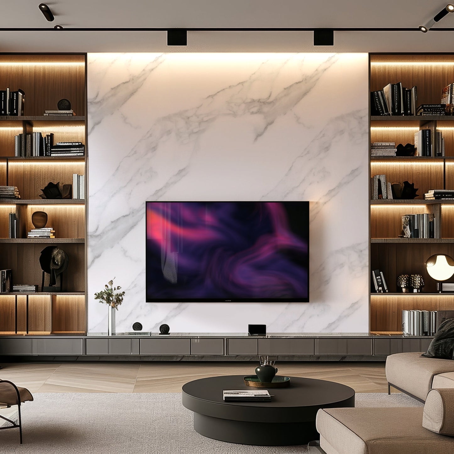 Modern living room featuring Landmark Decor’s Pearl Mist Marble Durable PVC Wall panels behind a wall-mounted TV, built-in shelves with books and decor, and a round coffee table in front.