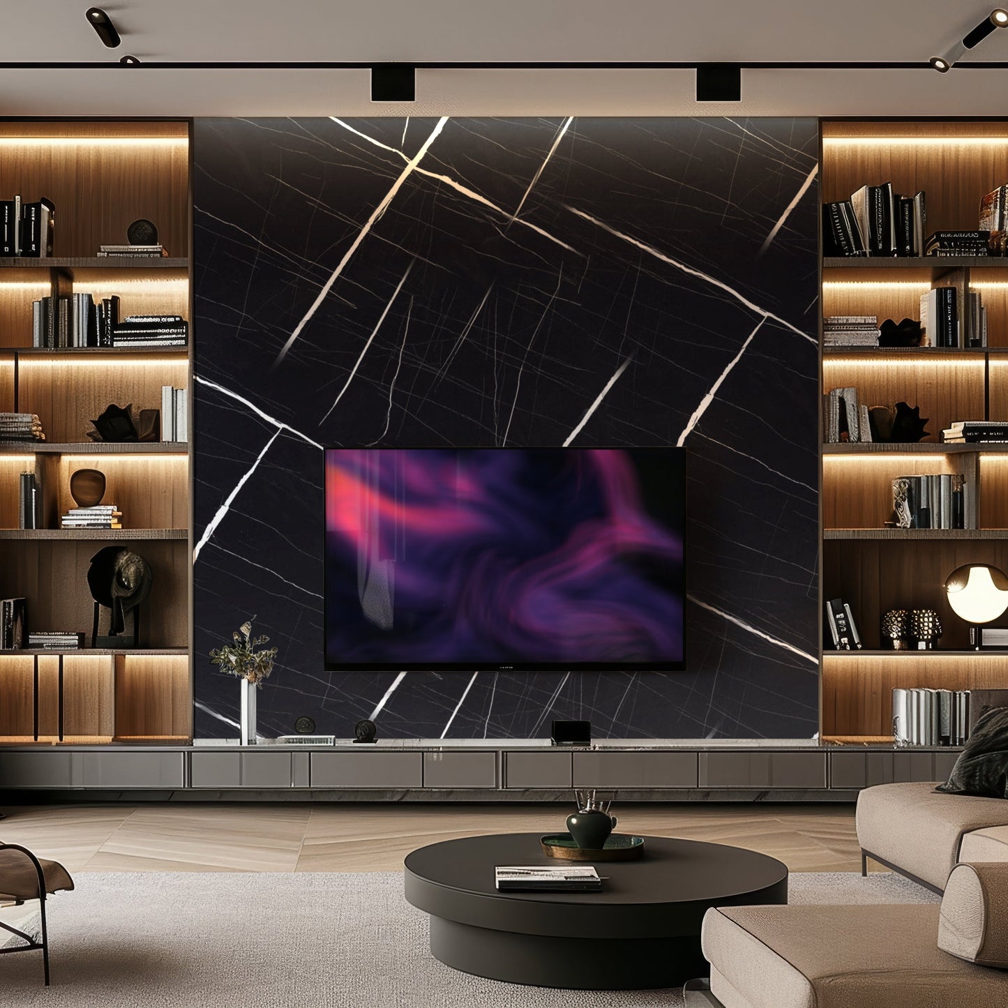 Modern living room with built-in bookshelves, featuring Landmark Decor's Noir Frost Marble Durable PVC Wall as a bold black marble accent, a flat-screen TV, and a round black coffee table in the center.
