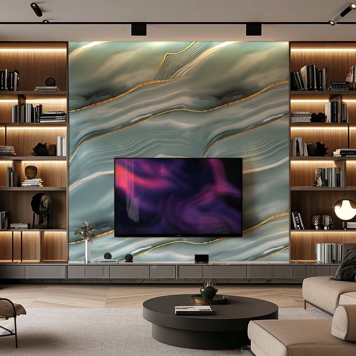 Modern living room with built-in shelves, a round coffee table, and a large TV mounted on Serene Glacier Marble Durable PVC Wall by Landmark Decor. Shelves hold books and decor, creating a stylish, functional space.