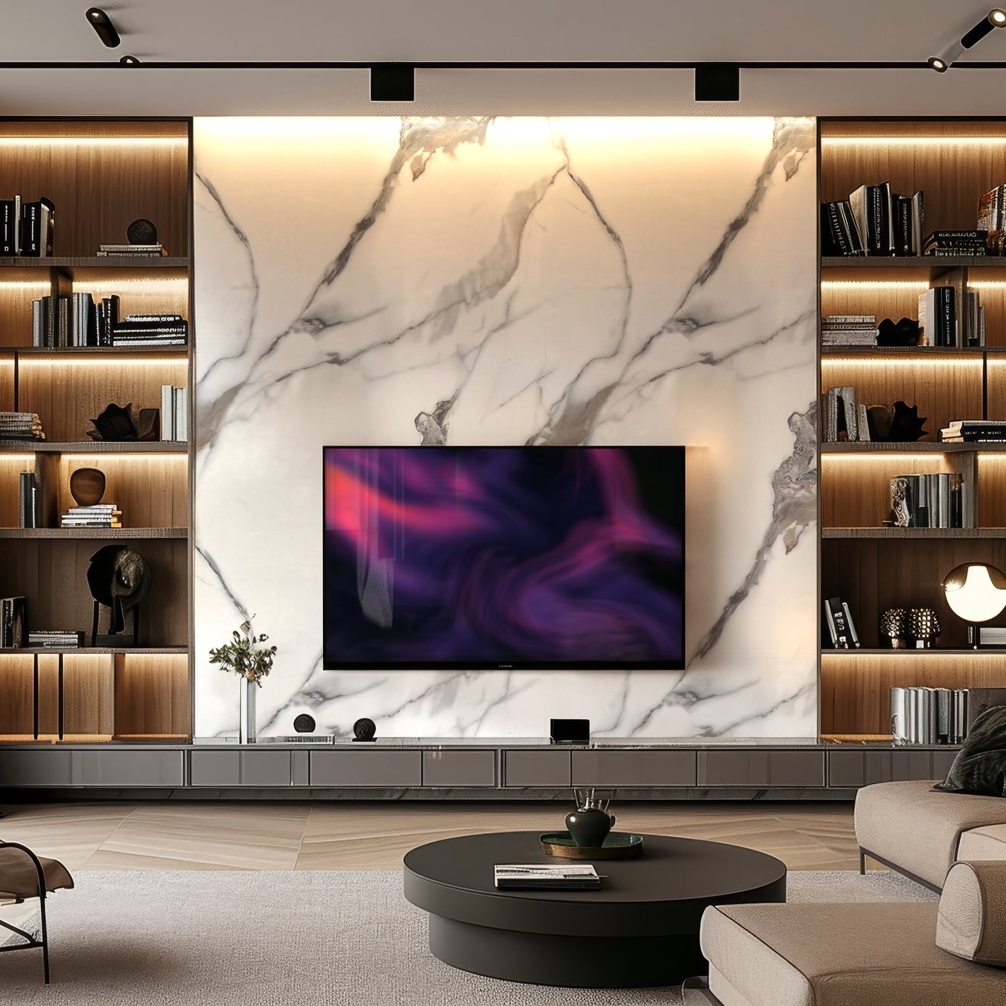 A modern living room with a Calacatta Mist Marble Durable PVC Wall by Landmark Decor, built-in shelves with books and decor, a large flat-screen TV, and a round coffee table.