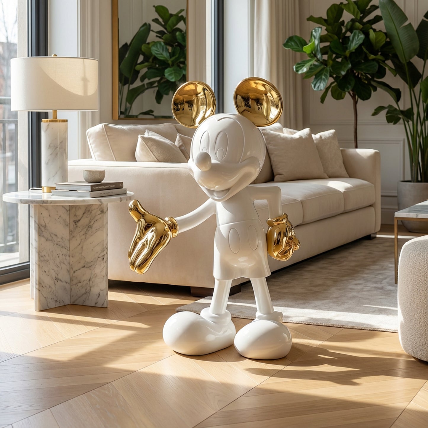 The Welcome Invitation - Small by Landmark Decor, a white and gold Mickey Mouse statue, is displayed in a modern living room with a marble side table, beige sofa, and large green plant.