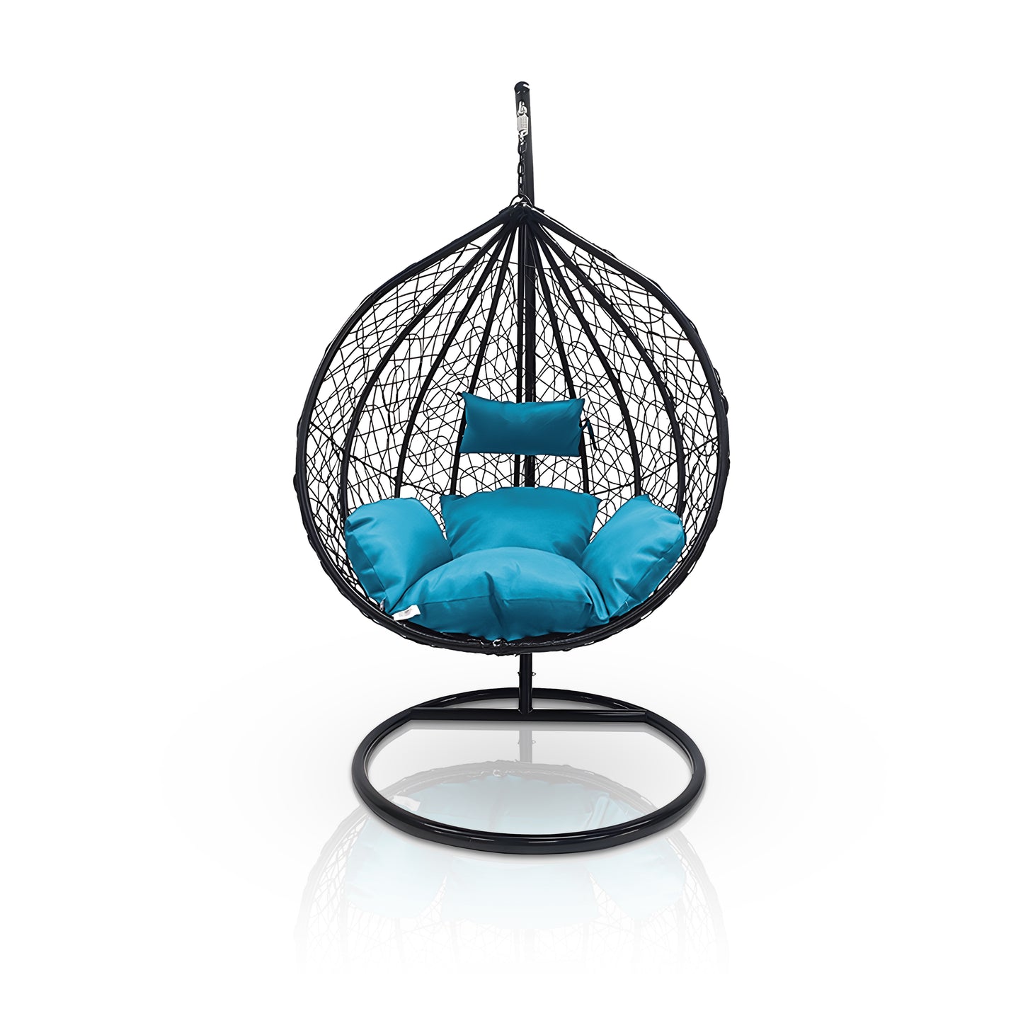 The Chelo Outdoor Swing Chair - Black by Landmark Decor features a black woven base with bright turquoise cushions and a matching headrest, embodying luxury. Set against a white backdrop, it offers innovative features for ultimate relaxation.