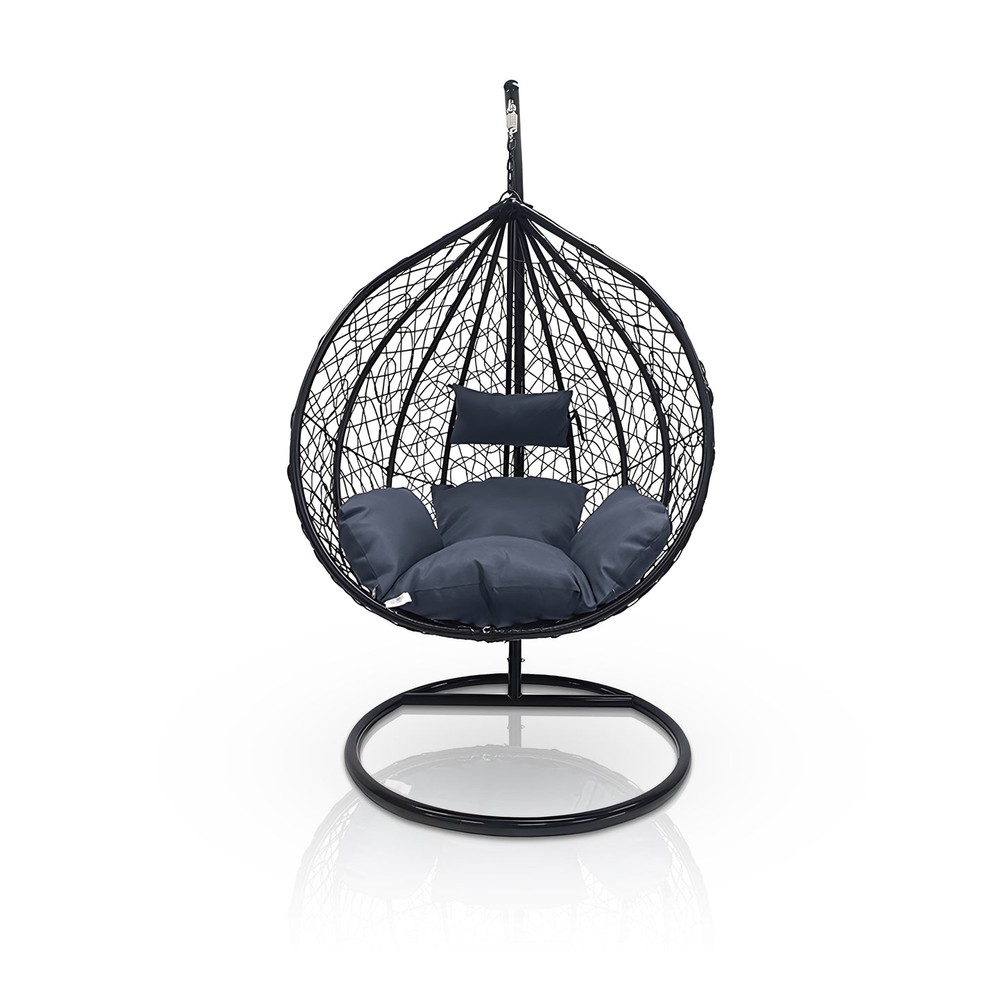 The Chelo Outdoor Swing Chair by Landmark Decor is a luxurious black rattan egg chair with a circular base, plush headrest and seat cushions, and hangs from an innovative curved metal stand. Its beautifully displayed on a glossy white background.