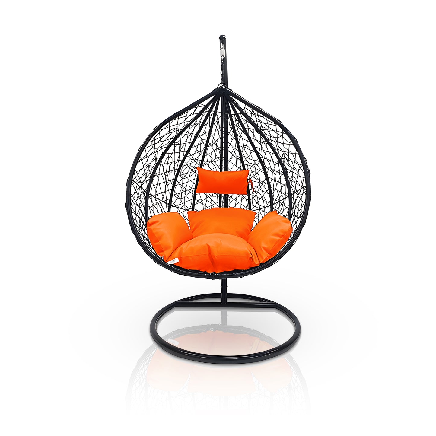 The Chelo Outdoor Swing Chair by Landmark Decor features a luxury black woven teardrop frame with vibrant orange cushions, a matching headrest, and a circular black base, all set against a crisp white background.