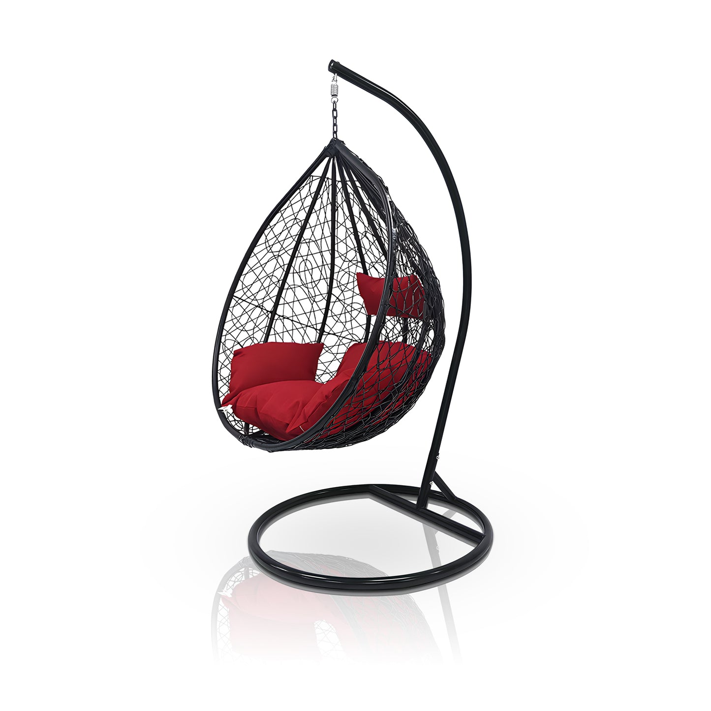 The Chelo Outdoor Swing Chair - Black by Landmark Decor features a luxury wicker design. It includes plush red cushions and is suspended from an elegantly curving metal frame with a circular base, providing both style and comfort.