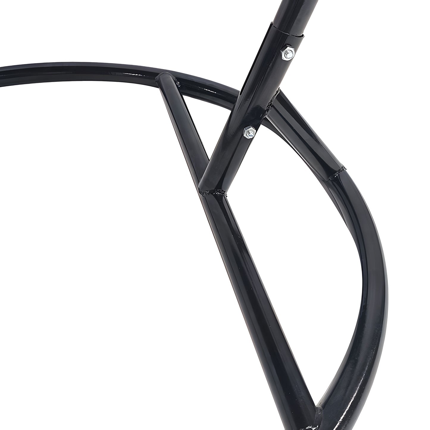 Close-up of the Chelo Outdoor Swing Chairs black metal framework by Landmark Decor, featuring curved and straight support bars, connected by bolts. Its sleek, glossy design reflects light beautifully, making it a luxurious and elegant choice with innovative features.