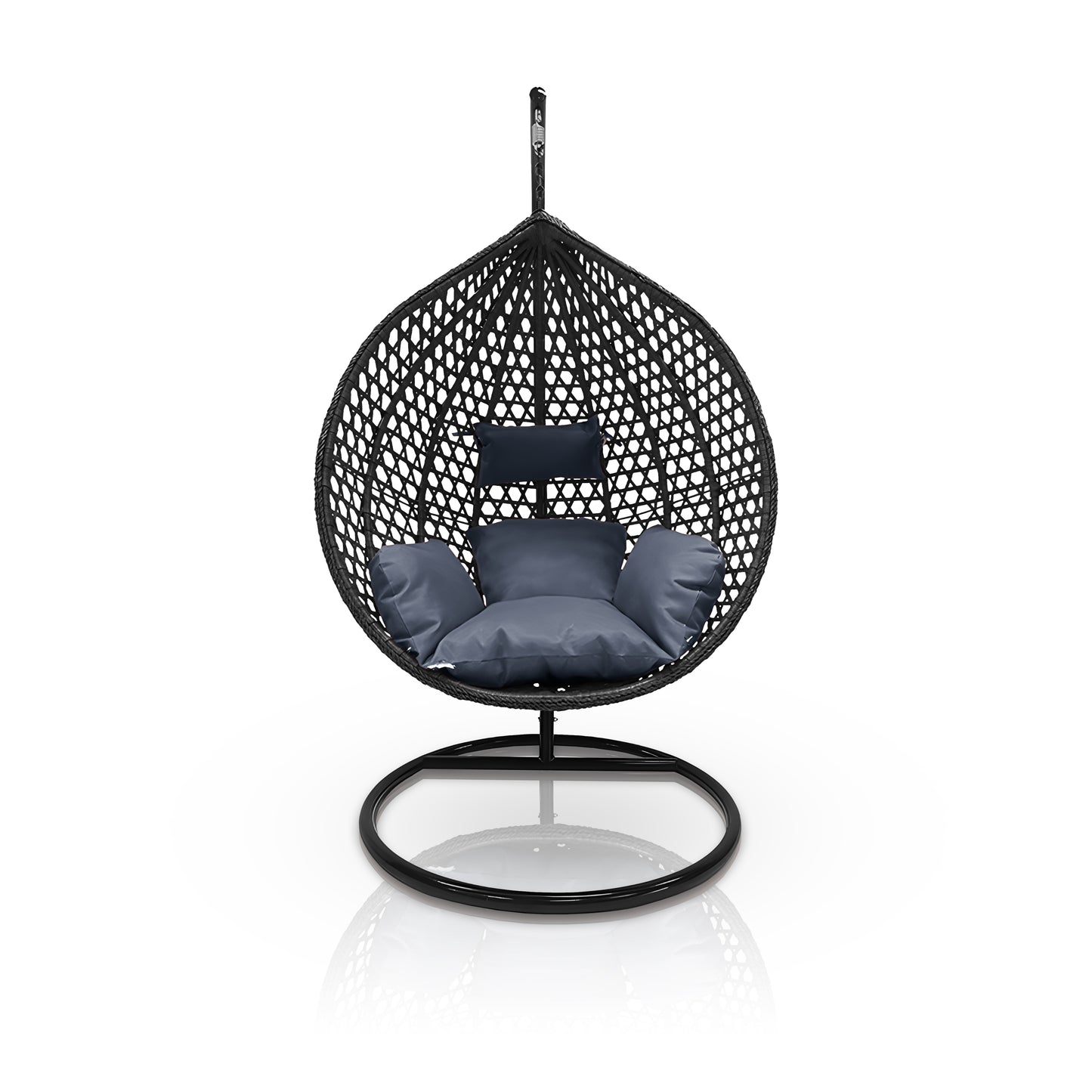 The Landmark Decor Moroccan Outdoor Swing Chair - Black features navy blue cushions and a circular metal base, shown against a white background.