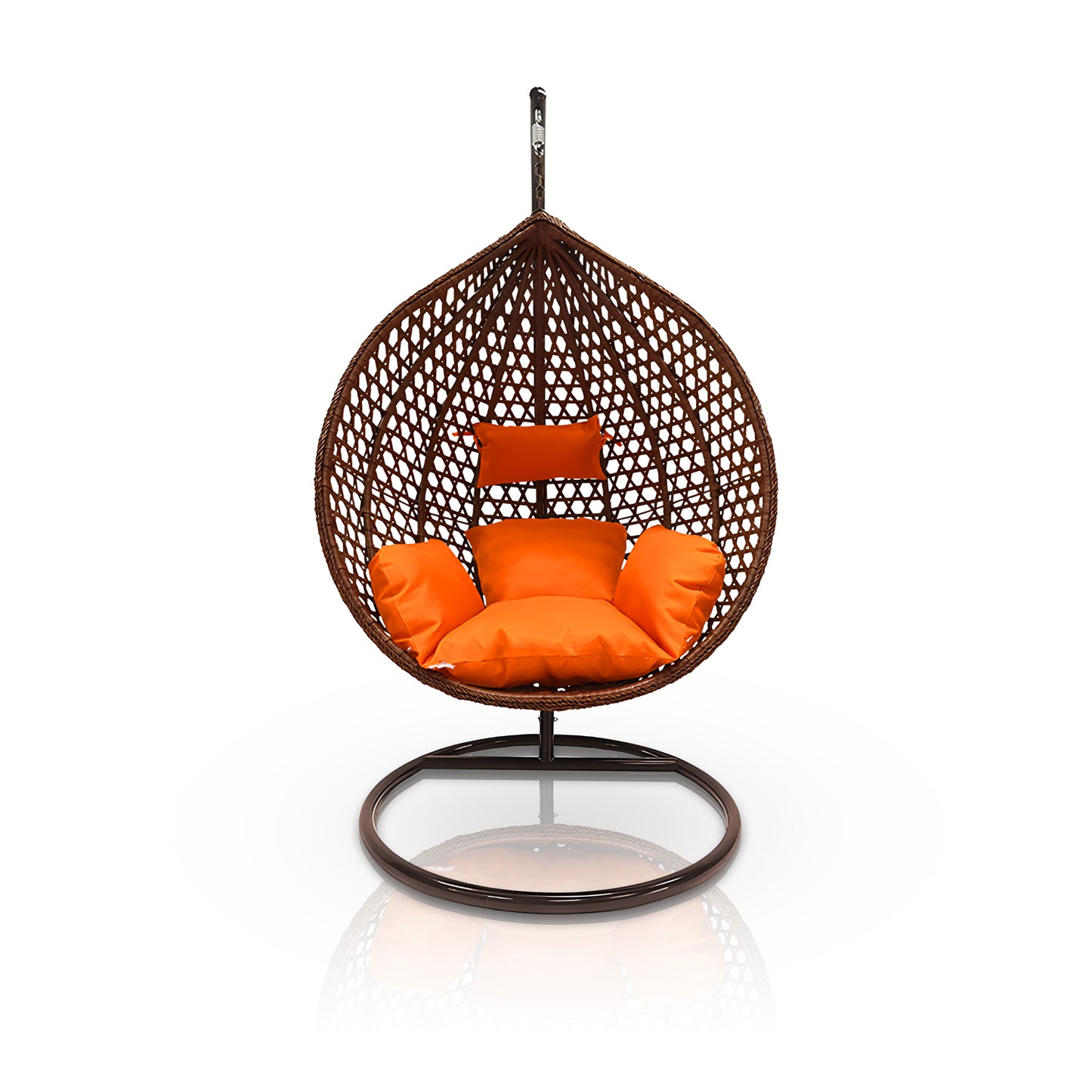 The Landmark Decor Moroccan Outdoor Swing Chair in brown features an elegant woven design, a plush orange cushion with an attached headrest, and hangs gracefully on a circular metal stand against a white backdrop.