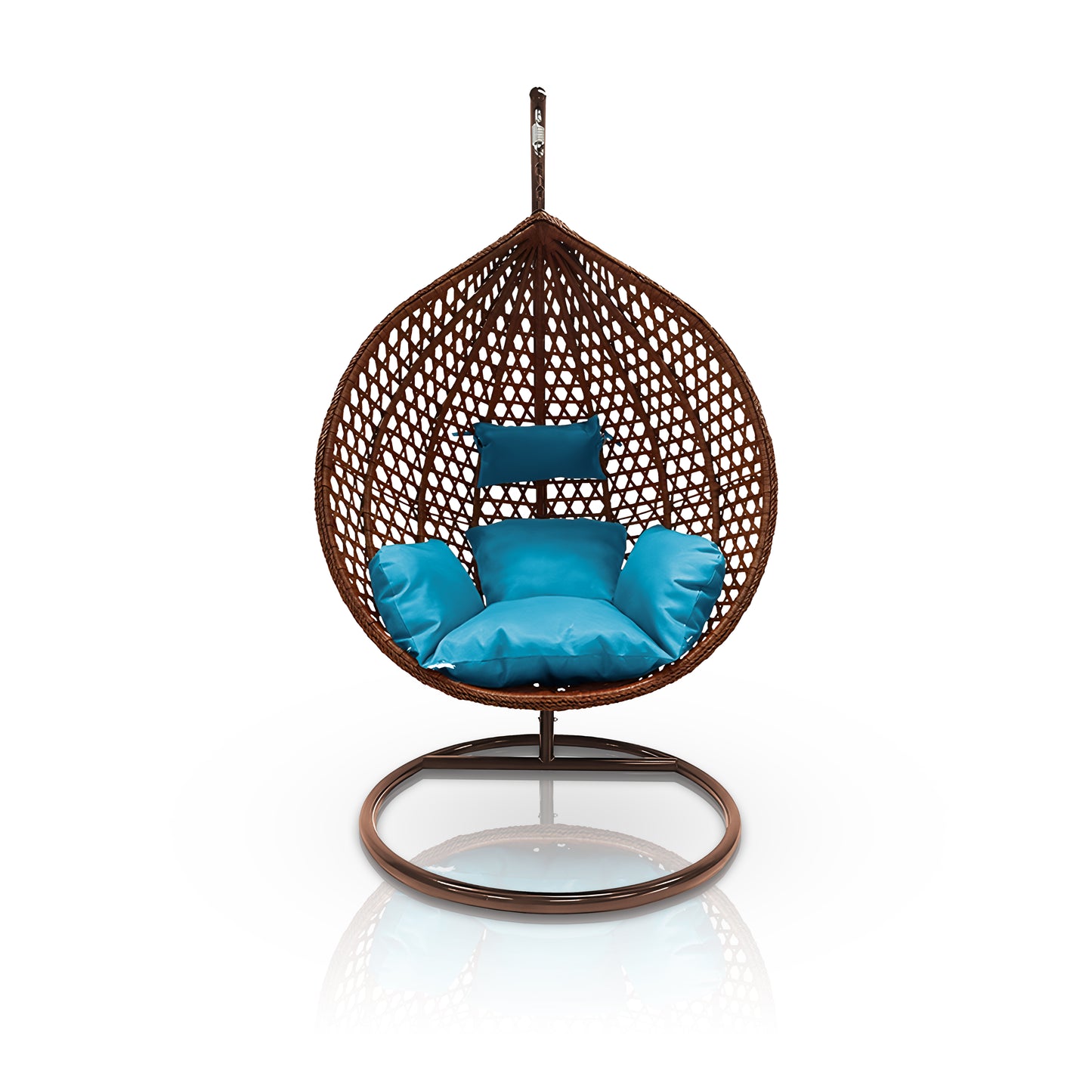 The Landmark Decor Moroccan Outdoor Swing Chair features a luxurious woven brown frame, vibrant blue cushions with a headrest, and elegantly hangs from a circular stand. Perfect for relaxation, it is set against a plain white background for an innovative outdoor experience.