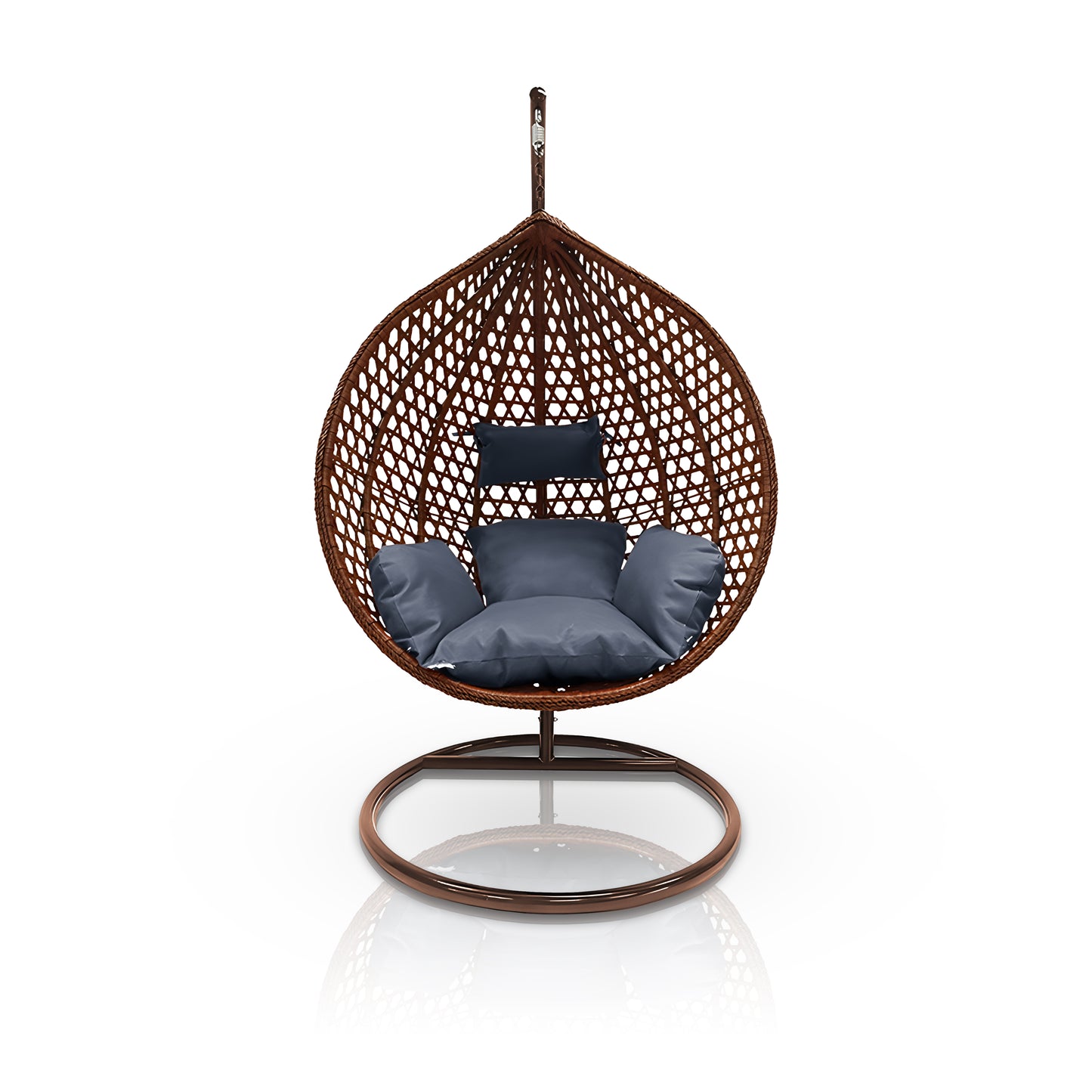 The Landmark Decor Moroccan Outdoor Swing Chair - Brown features a teardrop-shaped wicker design with a dark blue cushioned backrest and seat, hanging elegantly from a circular metal stand for ultimate comfort.
