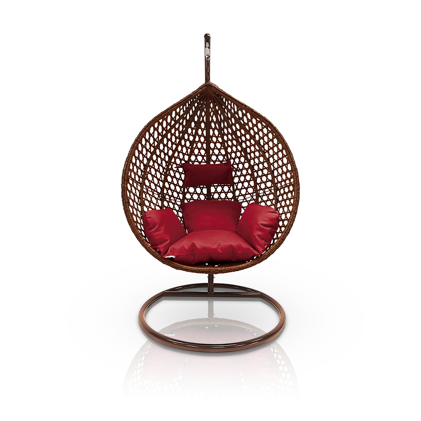 The Moroccan Outdoor Swing Chair by Landmark Decor, featuring a brown teardrop shape and red plush cushions, stands stylishly on a circular metal base against a white backdrop, blending luxury with comfort for any modern space.